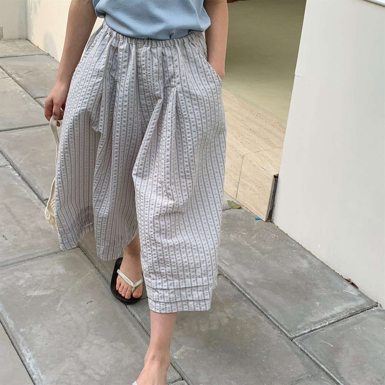 棉麻條紋九分褲