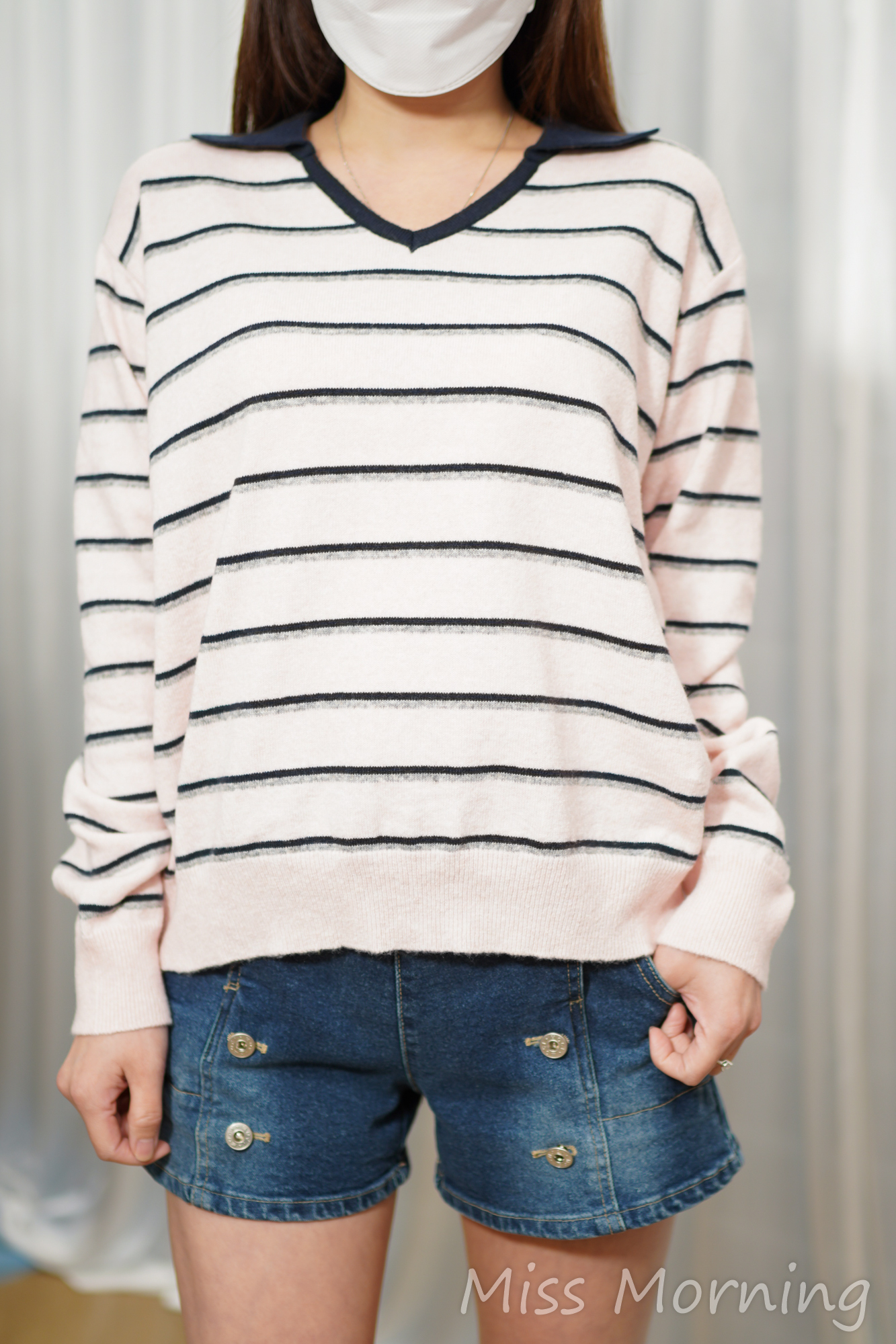 反領條子款上衣(15081)