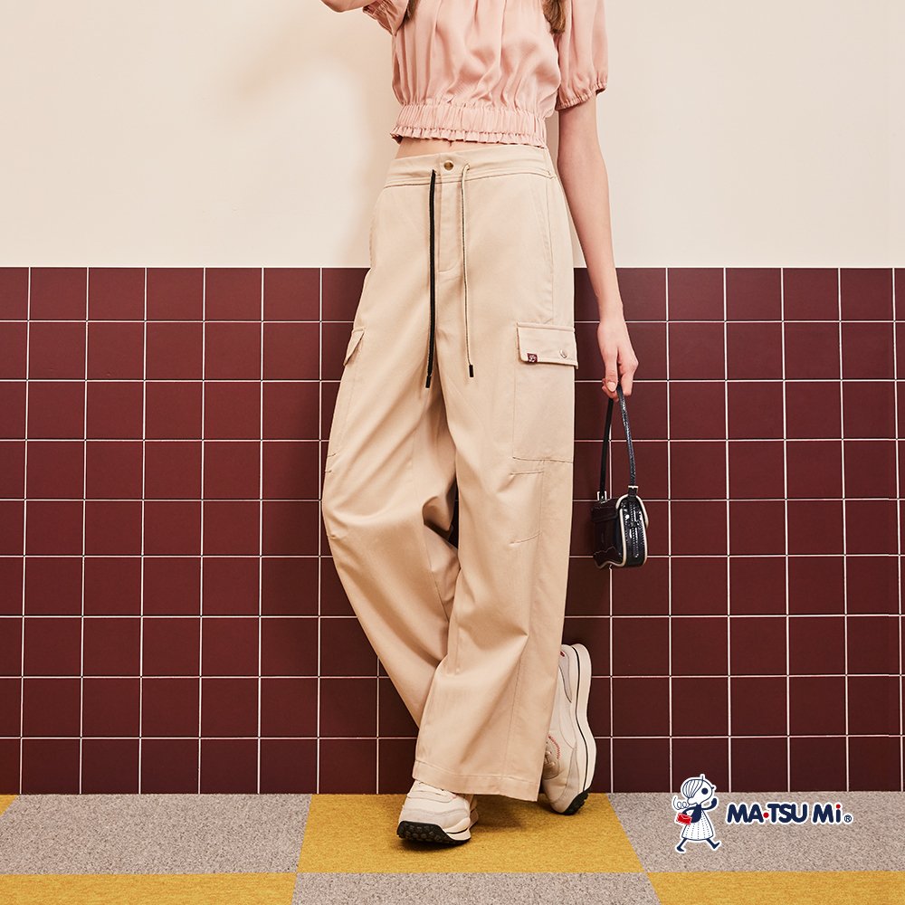 MA‧TSU Mi 收腰大口袋綁繩寬腿工裝風長褲(卡.黑)