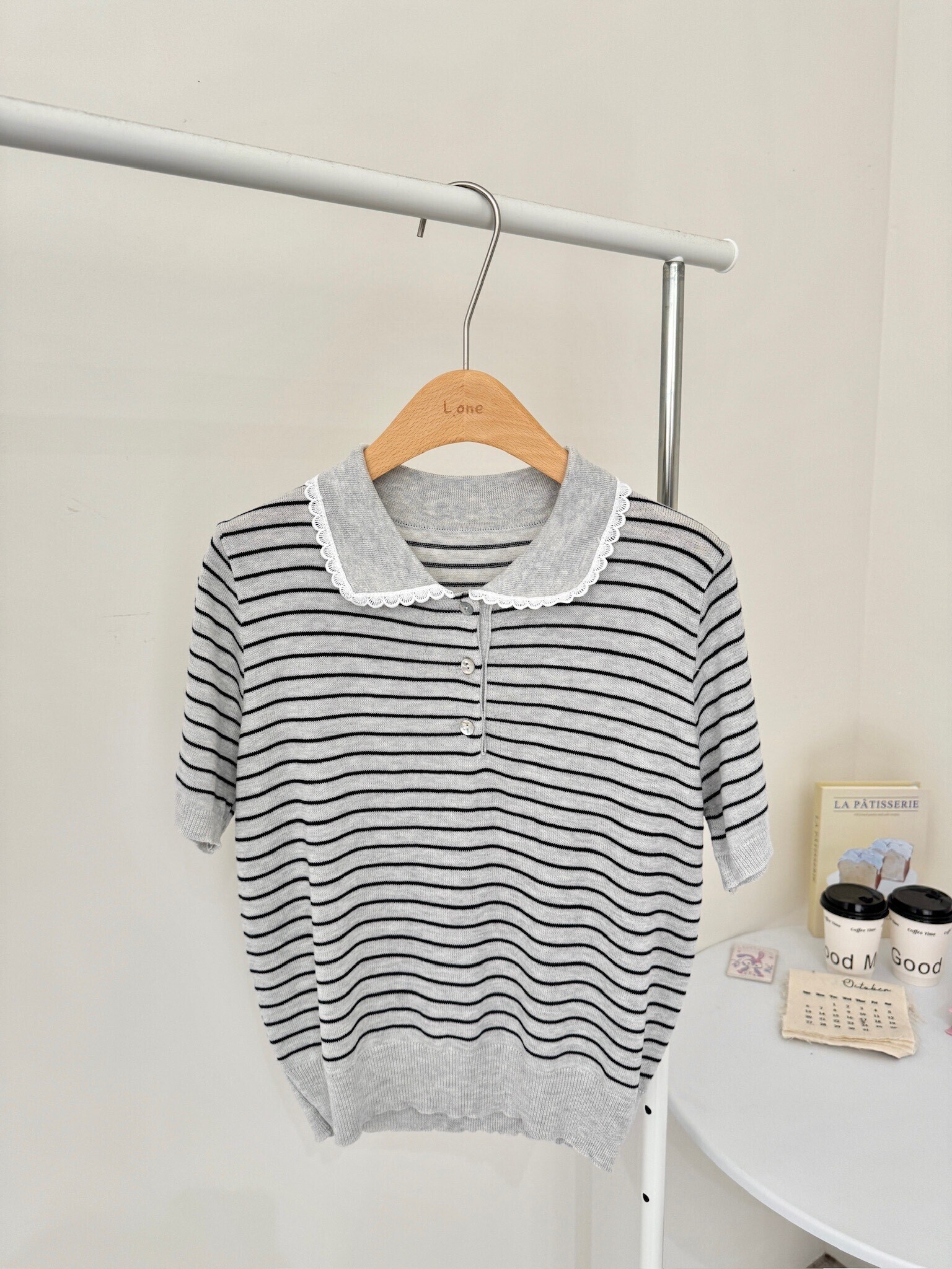 翻領滾邊條紋針織短袖