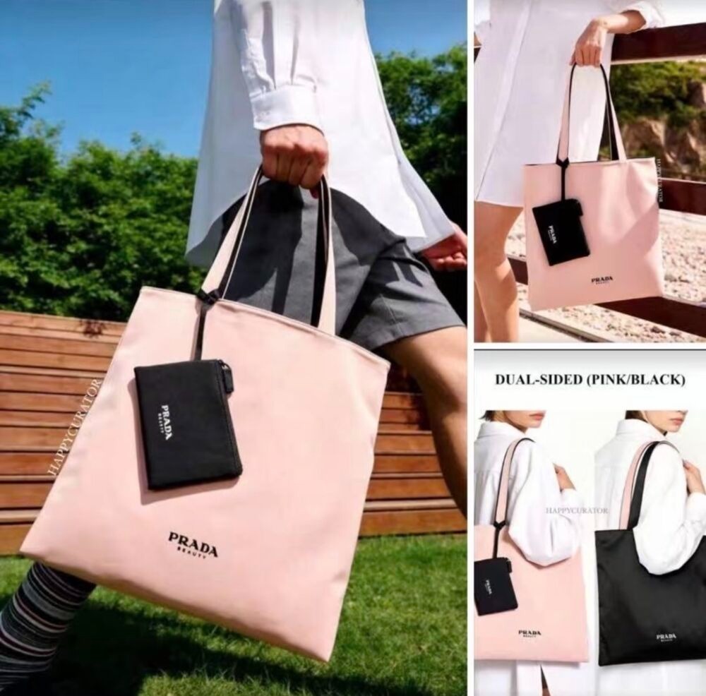 Prada Beauty 稀有贈品粉黑色雙面帆布購物袋連小收納袋