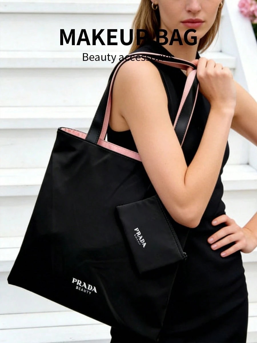 Prada Beauty 稀有贈品粉黑色雙面帆布購物袋連小收納袋