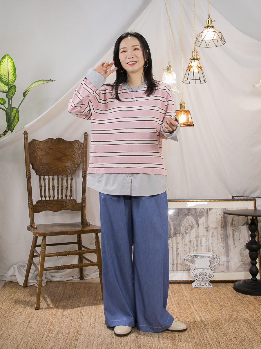 下擺 袖口恤衫料．橫間COTTON料TOP