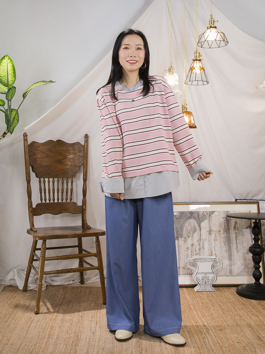 下擺 袖口恤衫料．橫間COTTON料TOP