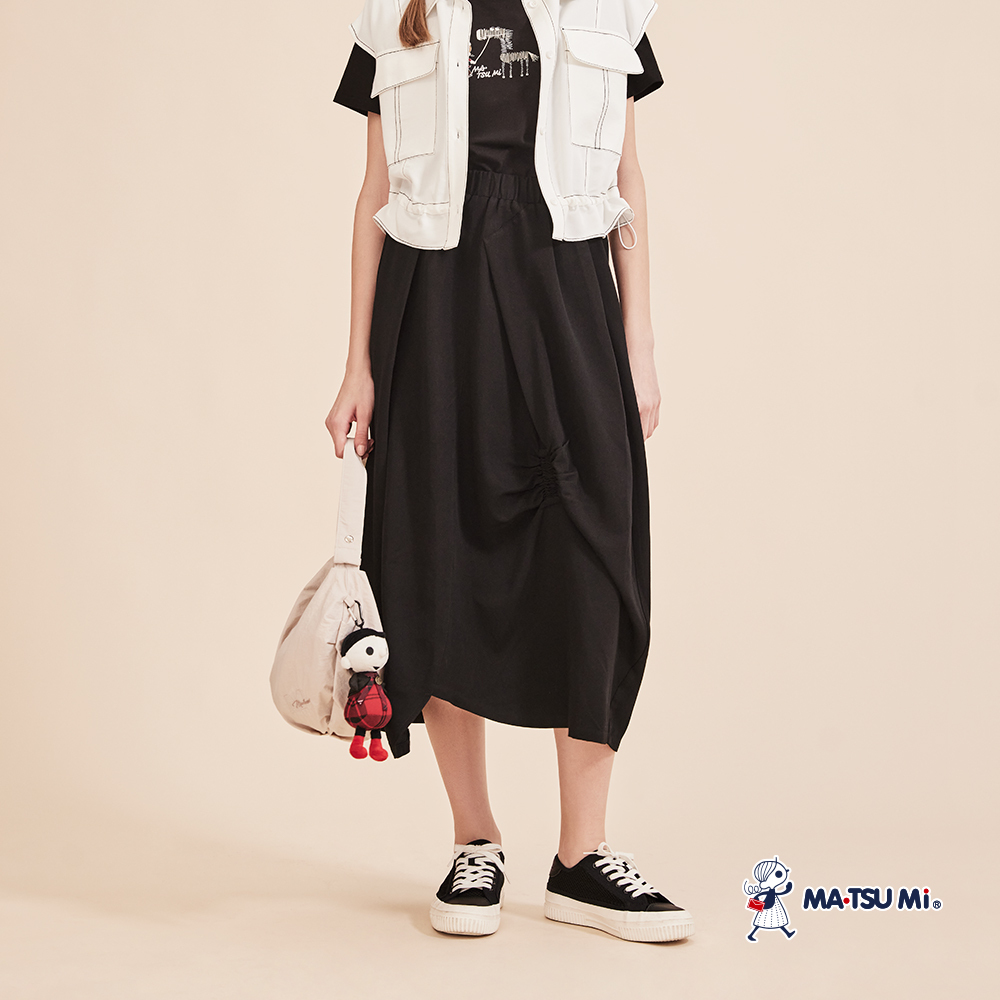 MA‧TSU Mi 簡約百搭鬆緊腰抓皺造型繭型長裙(黑)