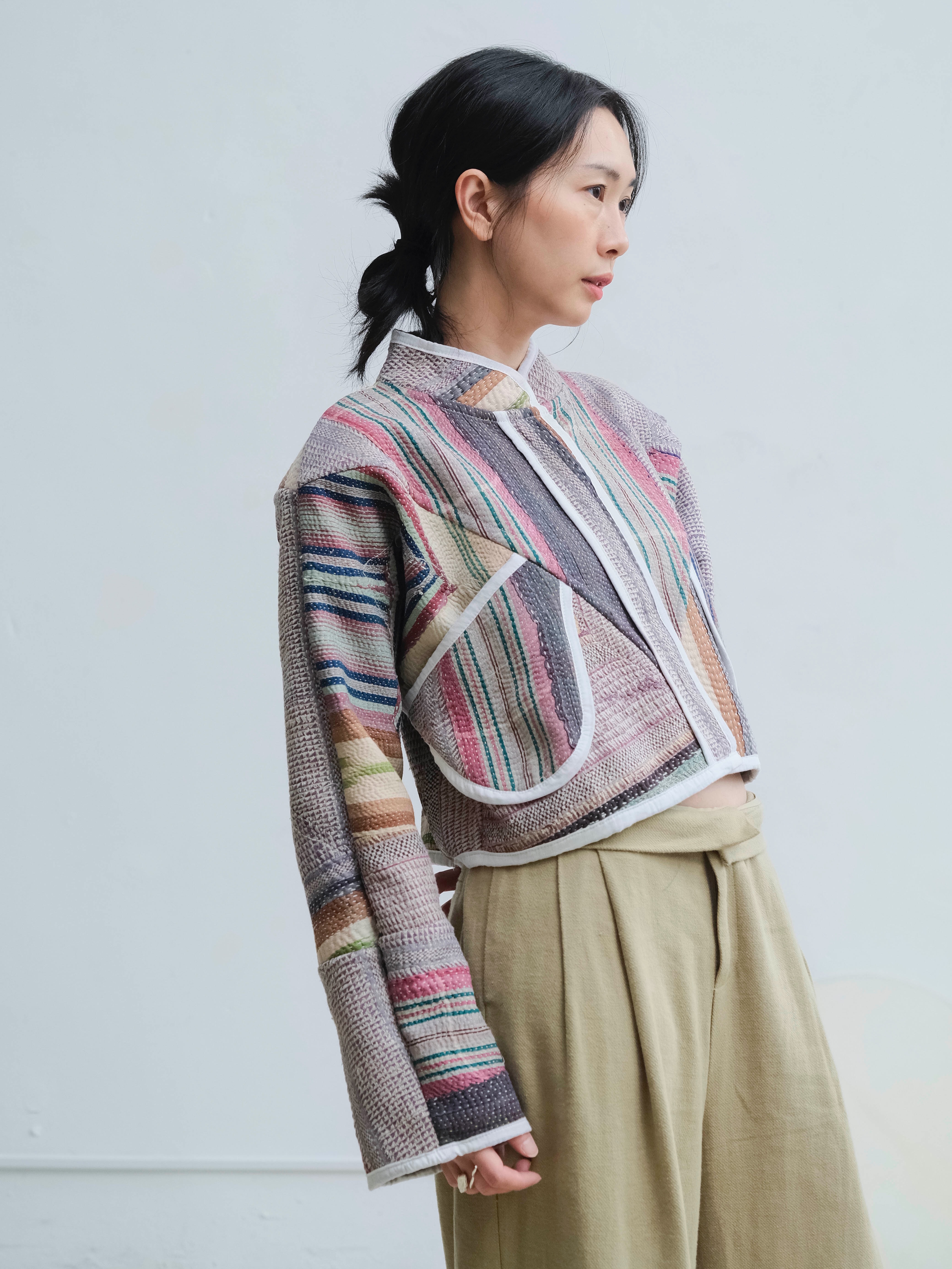 古董坎塔雙面短版立領外套 / 條紋萬花筒