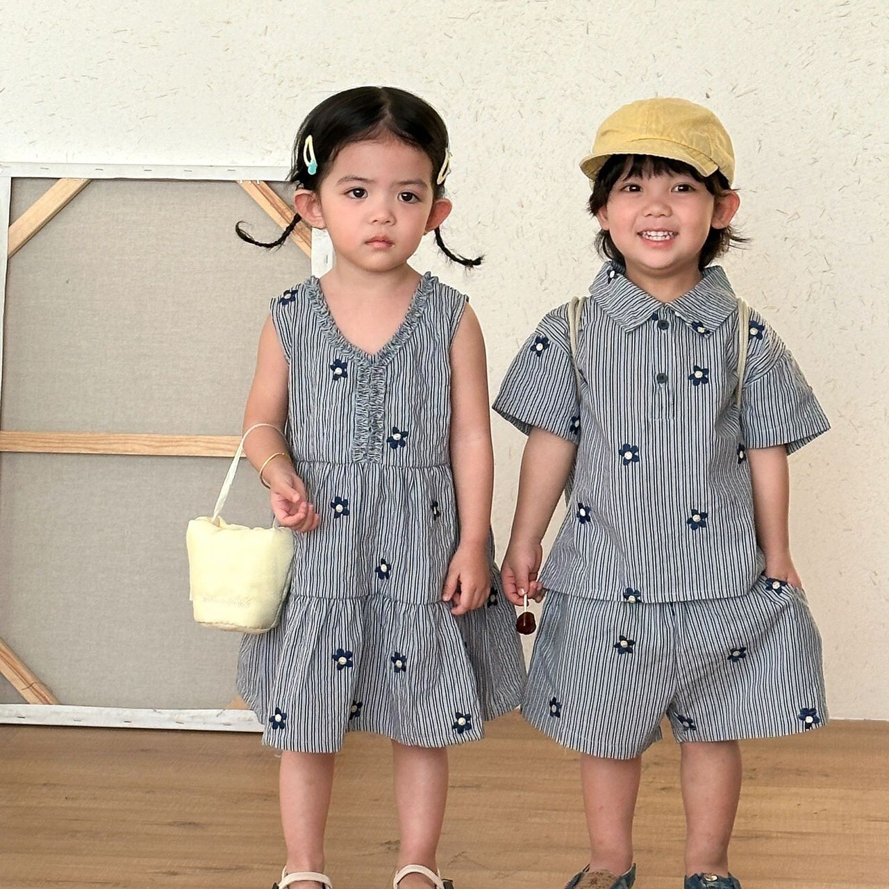 夏日微風花朵條紋套裝ꕀꕀꕀ ＊短袖上衣 + 短褲/裙子