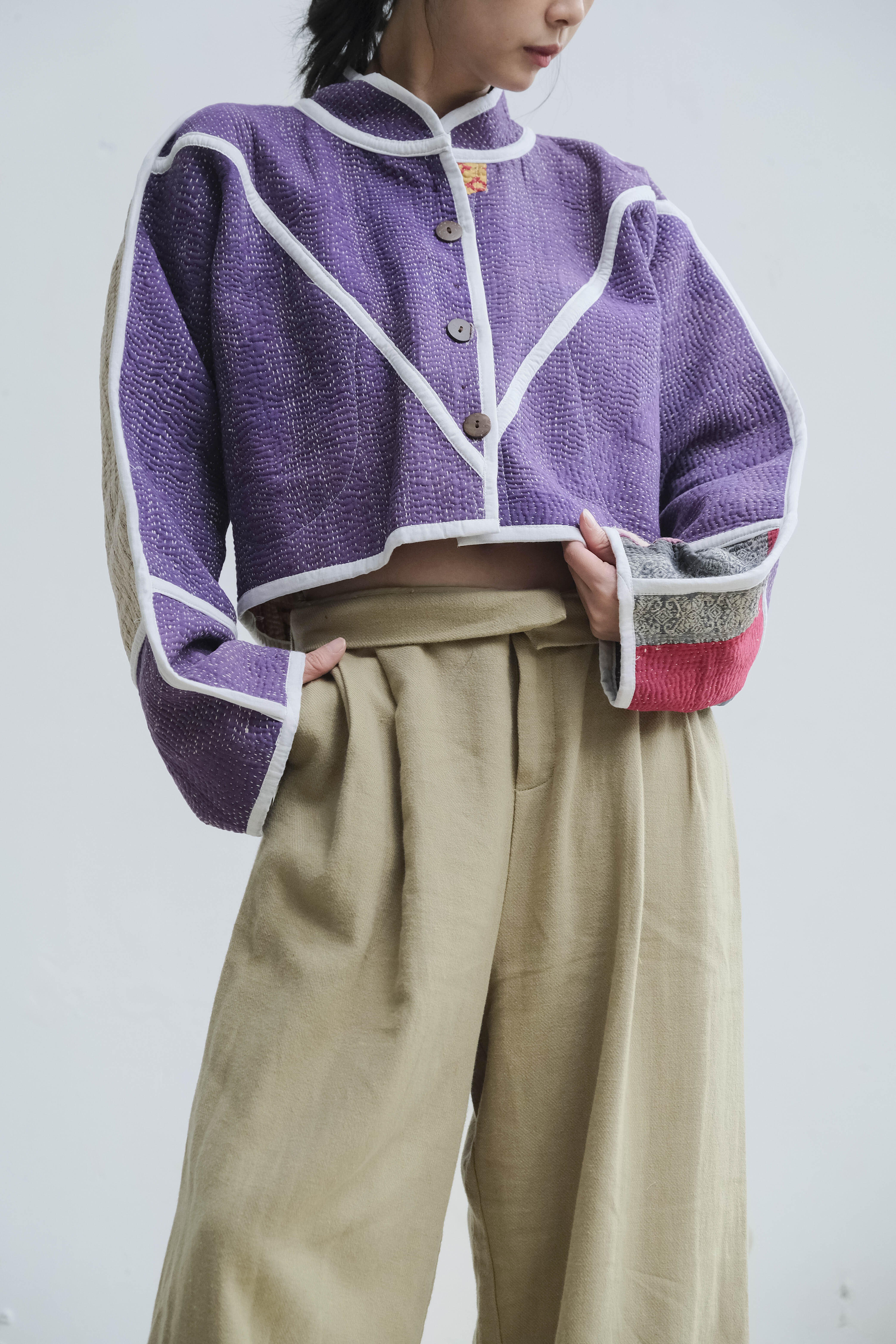 古董坎塔雙面短版立領外套 / 夾心餅乾