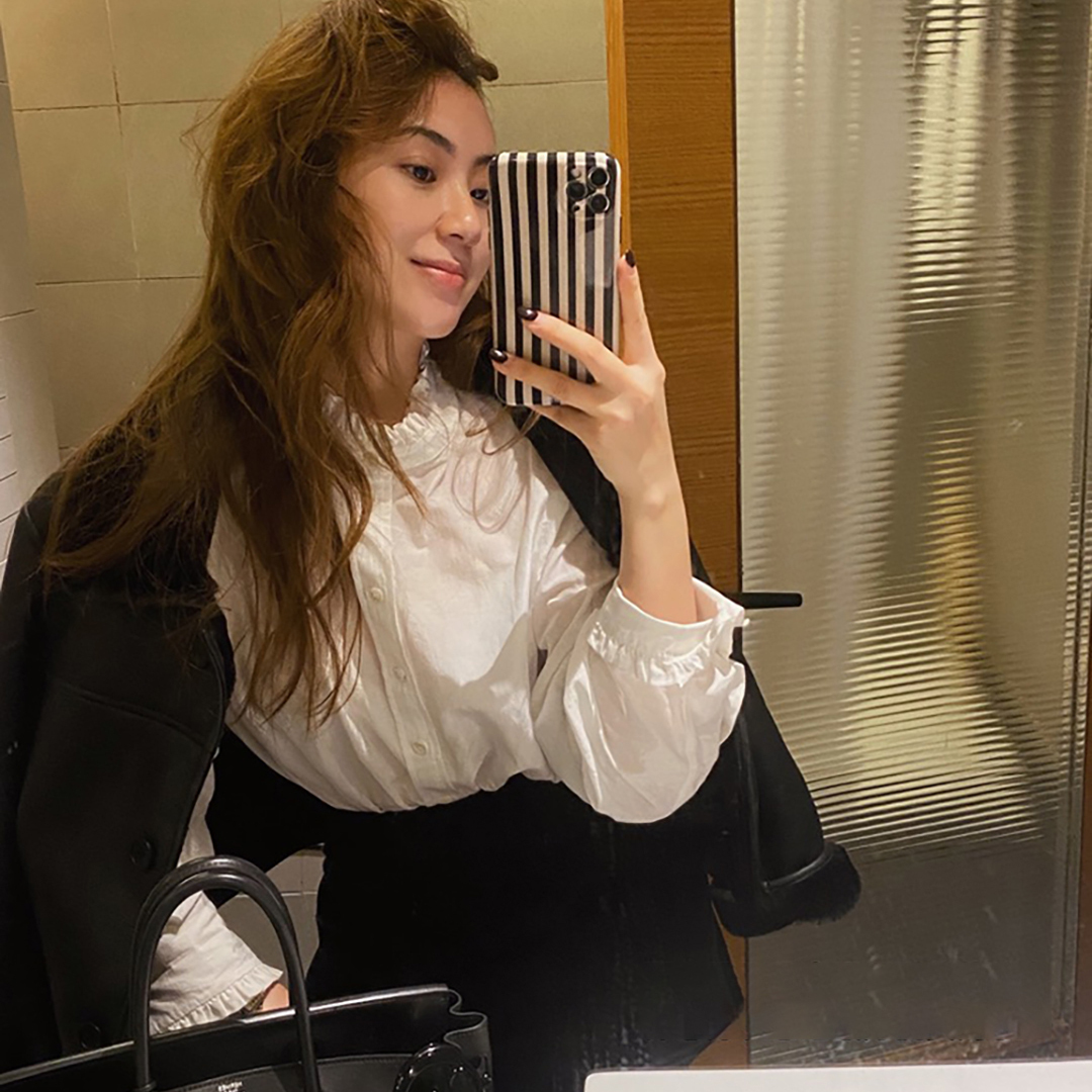 雲朵白荷葉滾邊立領手袖造型排釦上衣-S-L (Elegant & Love)