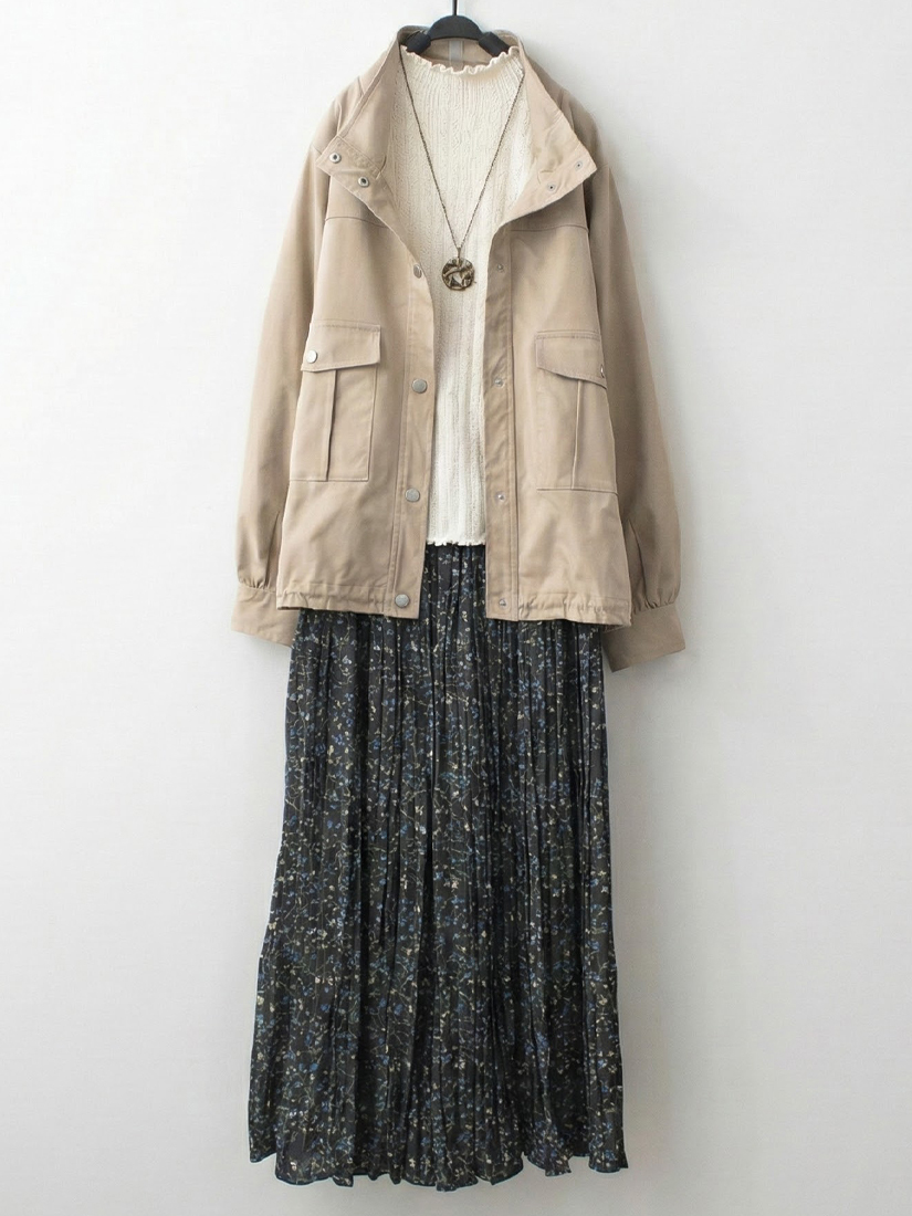 立領夾克外套緹花木耳邊內搭鬆緊腰印花裙組合