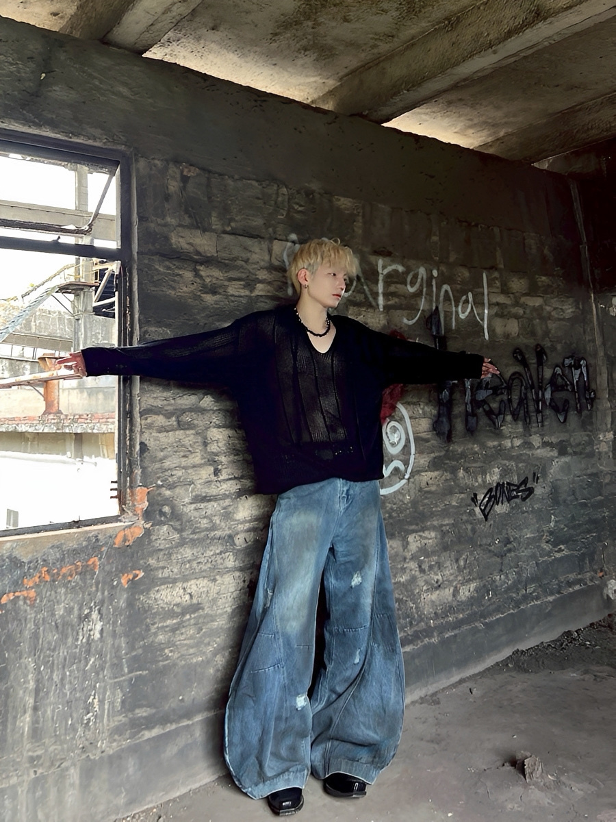 2色 仿舊 刷破 落地 牛仔 長褲 彎刀褲