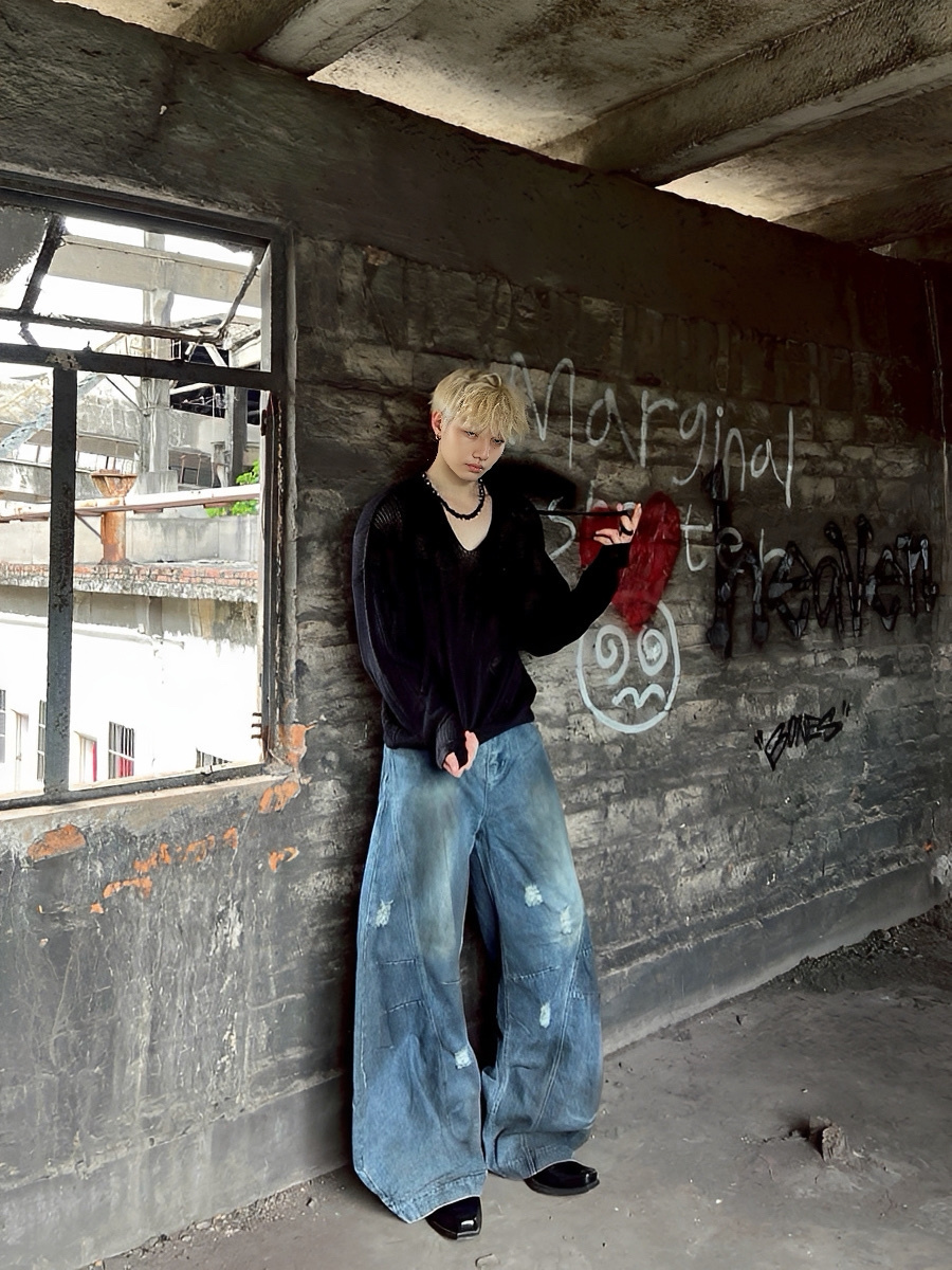 2色 仿舊 刷破 落地 牛仔 長褲 彎刀褲