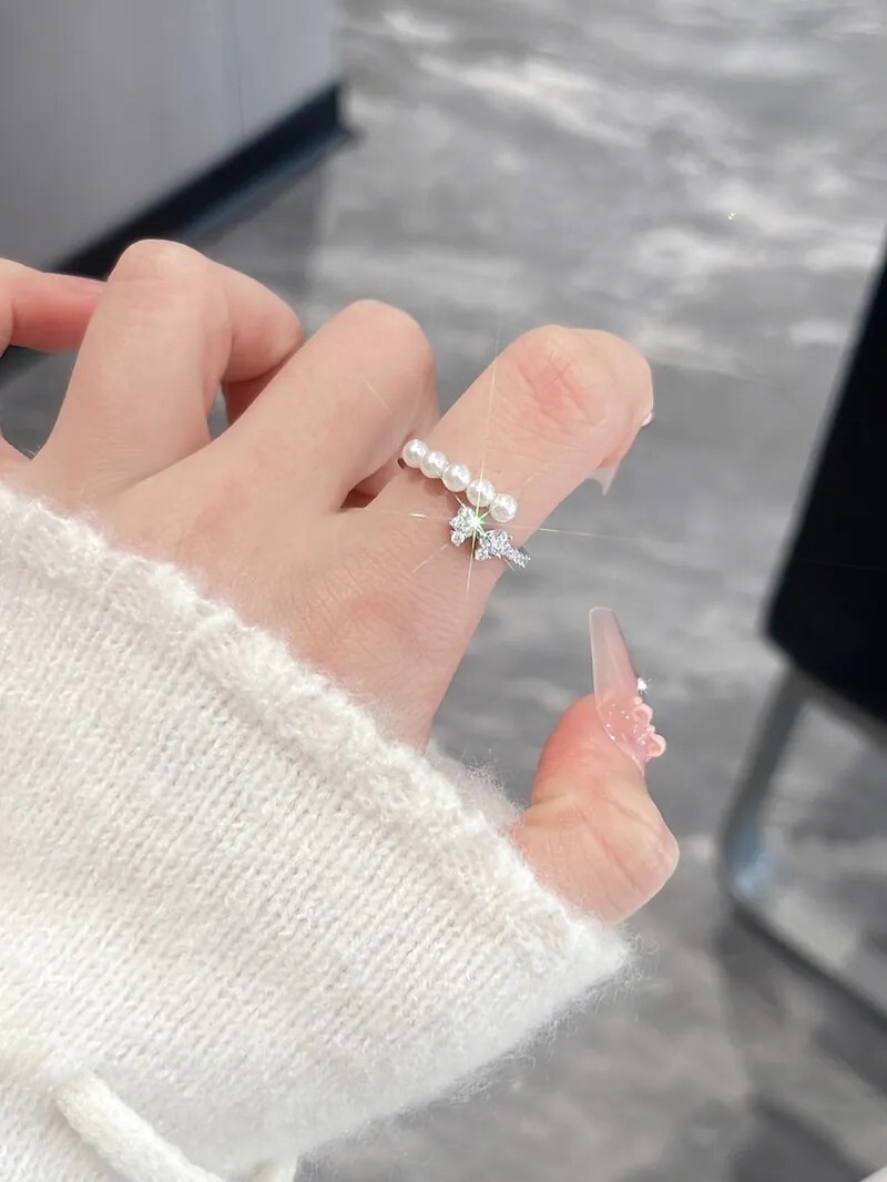 KADER 流光鑽 珍珠蝴蝶結 可調節 戒指