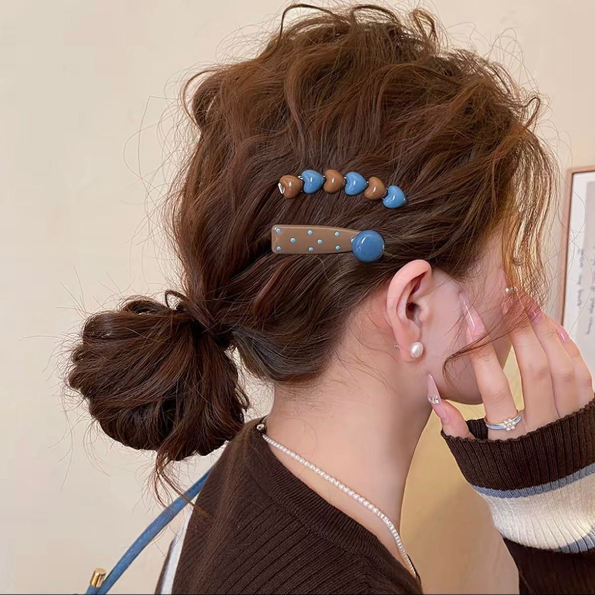 《6606》韓系藍咖色圓珠/點點髮夾