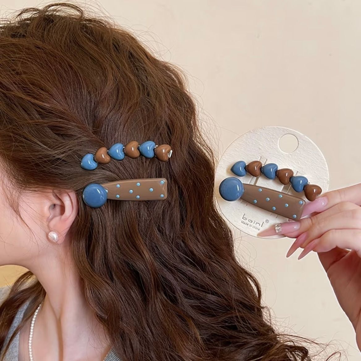 《6606》韓系藍咖色圓珠/點點髮夾