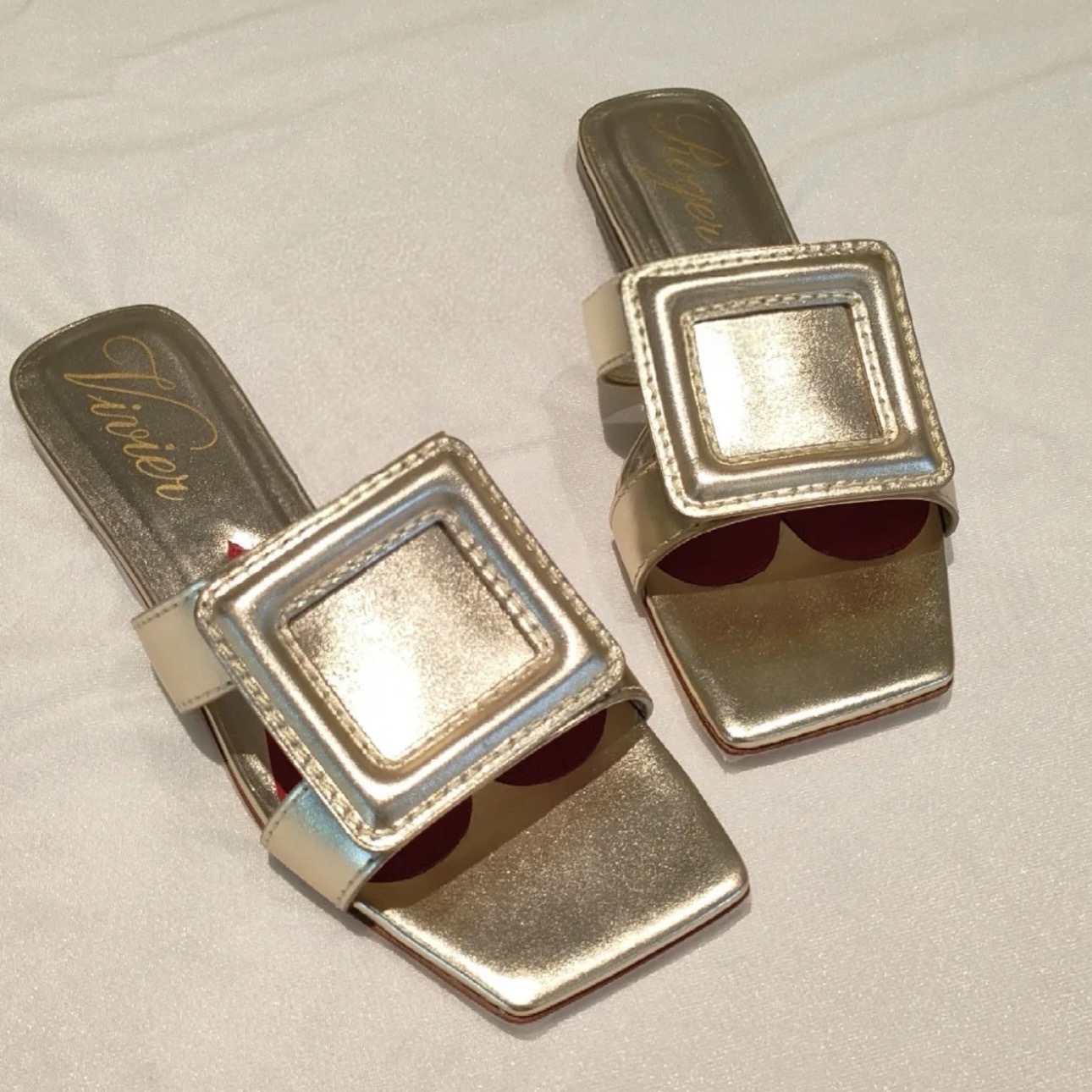 Roger Vivier RV covered buckle leather mules light gold