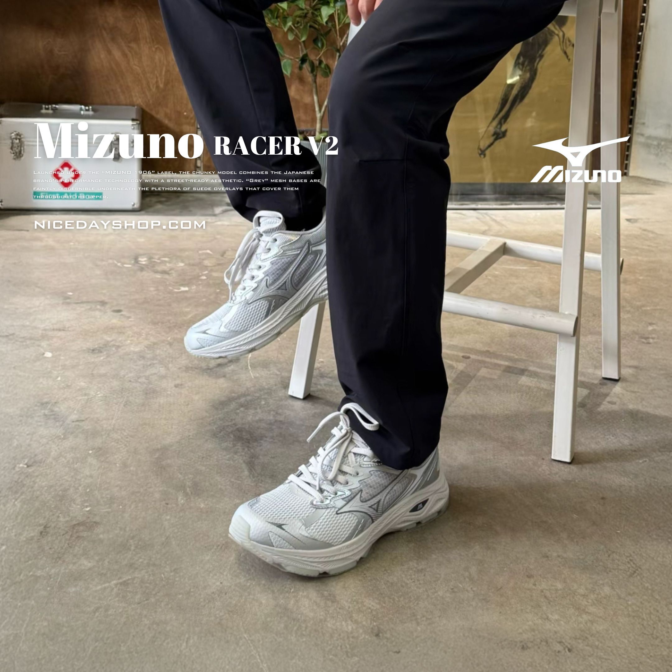 NICEDAY 代購 Mizuno Racer V2 白 銀白 米白 銀 復古 機能 慢跑 D1GH250607