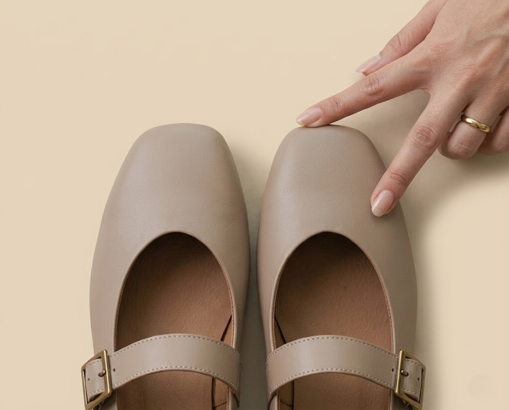 破解寬腳板選鞋痛點，愛麗絲真皮瑪莉珍鞋採用特調微方圓頭設計，釋放腳趾空間不擠壓，巧妙修飾腳板兩側，拇指外翻也能安心穿著。