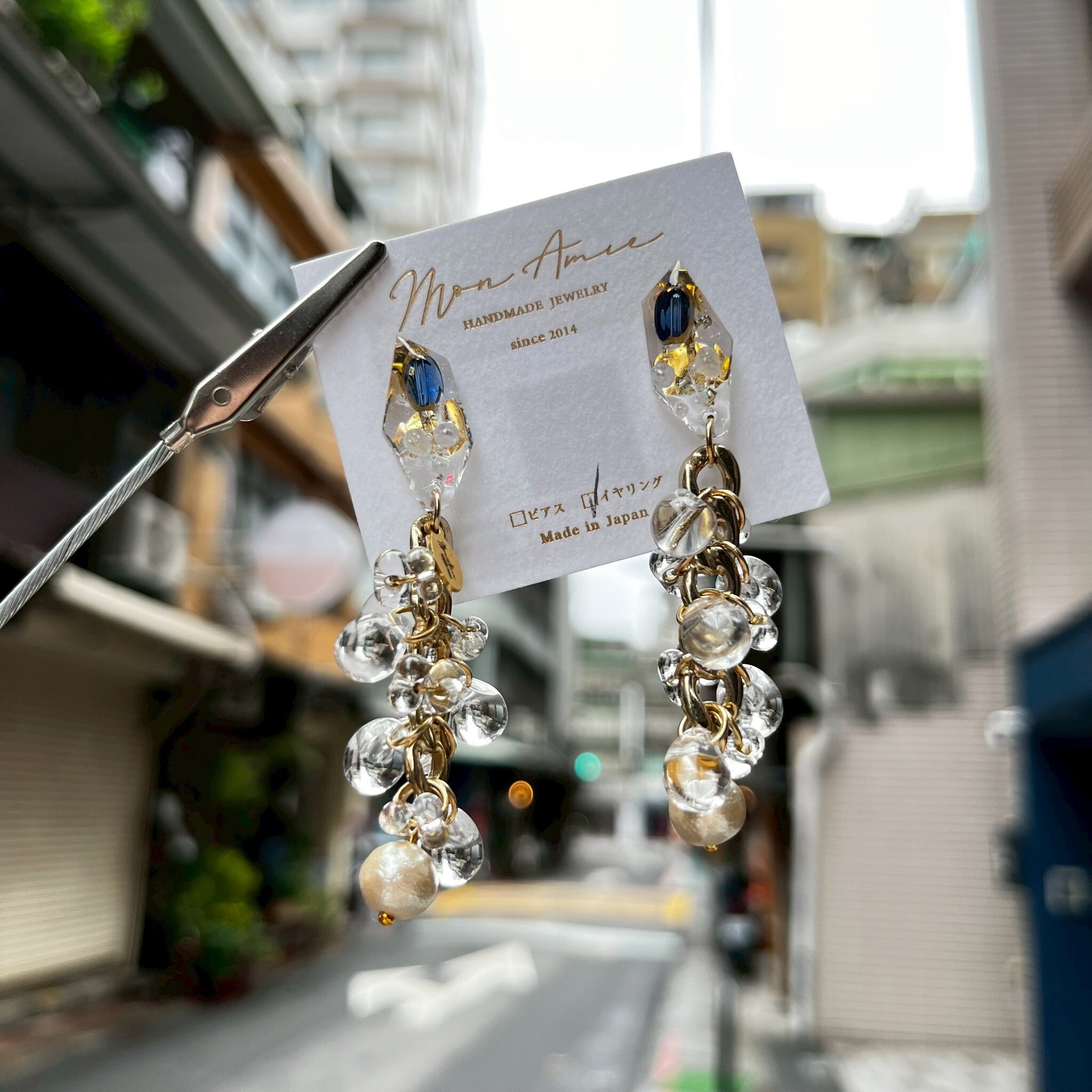 [Mon Amie] 多角水鑽串珠垂墜耳環 | NO.53 | 耳夾