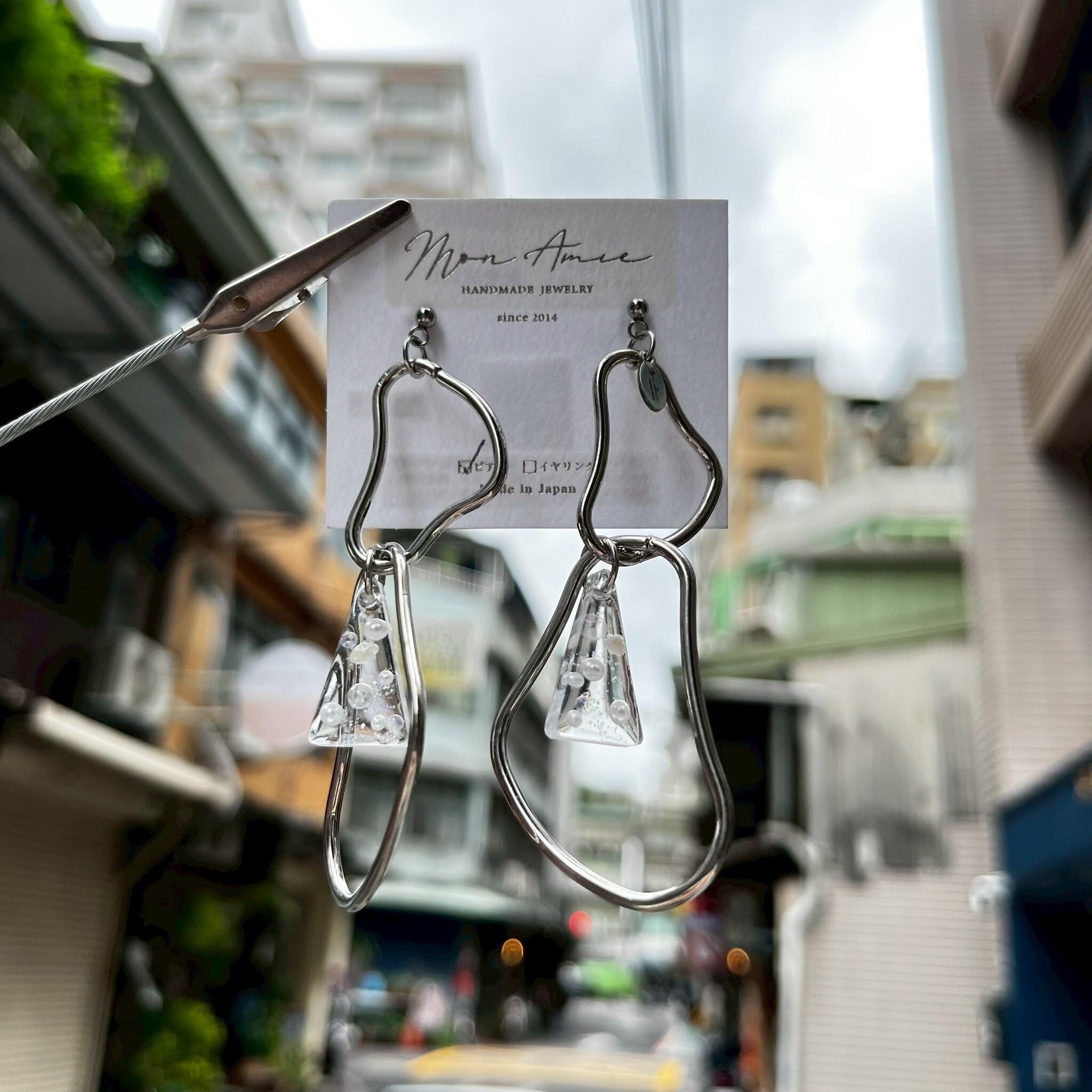 [Mon Amie] 幾何雙環三角飾鑽耳環 | 銀 | NO.55 | 耳針