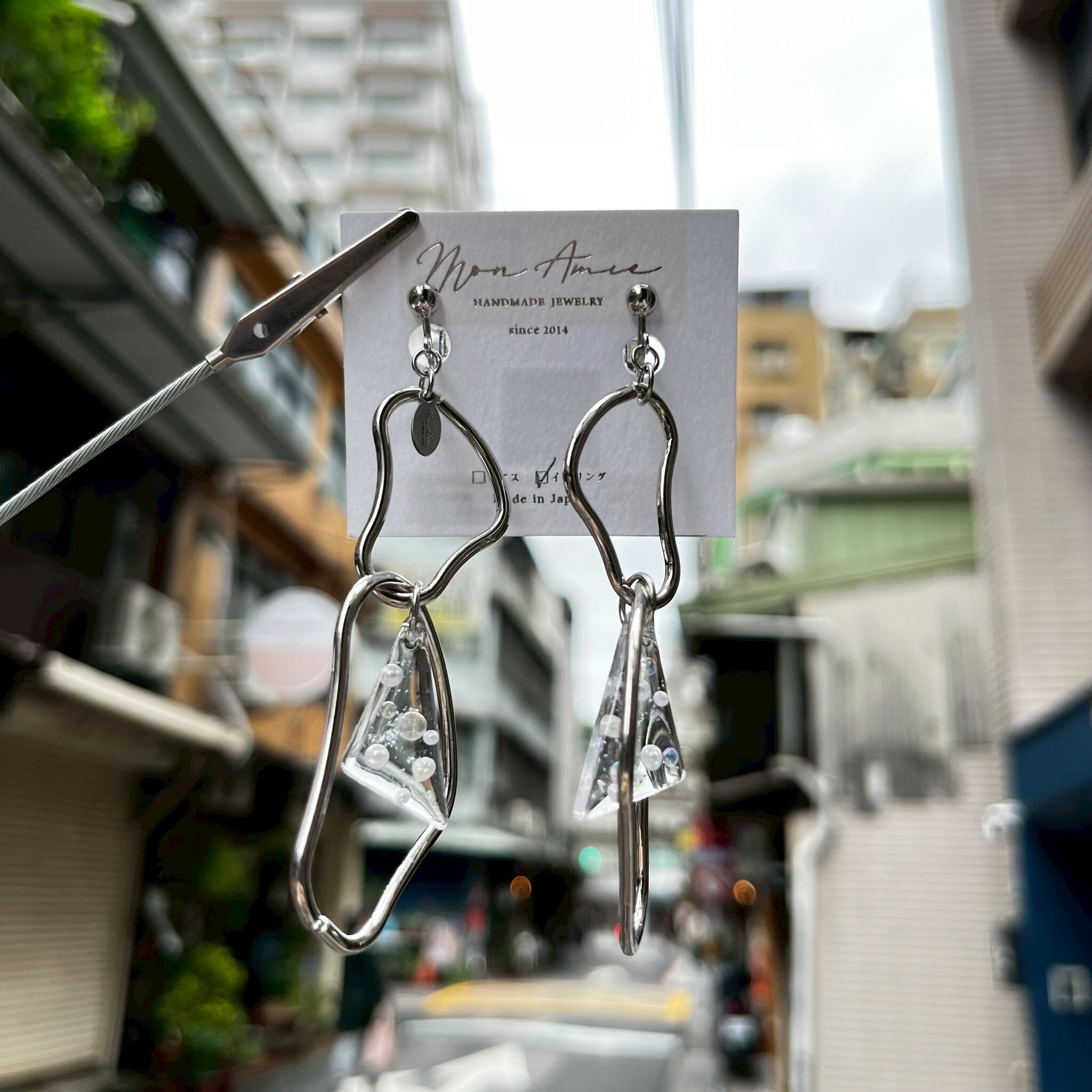 [Mon Amie] 幾何雙環三角飾鑽耳環 | 銀 | NO.55 | 耳夾