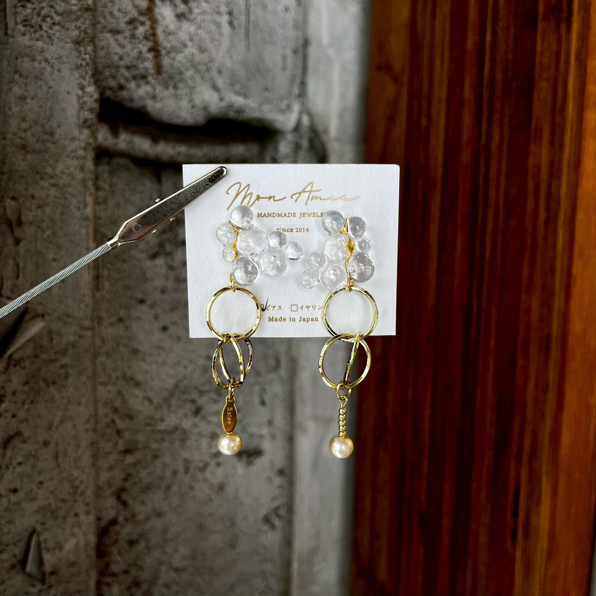 [Mon Amie] 2WAY小寶石雙環珍珠耳環 | 金 | NO.59 | 耳針