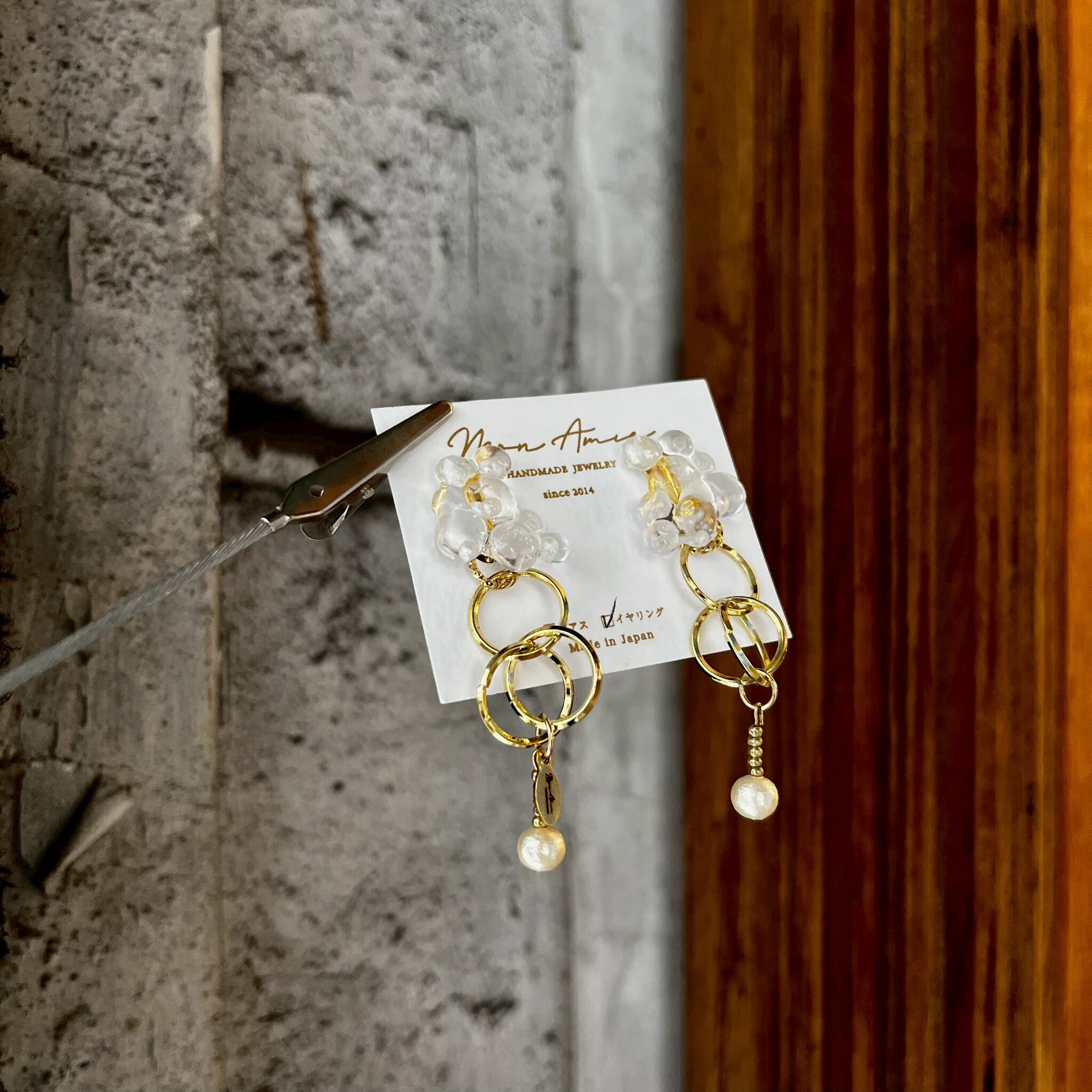 [Mon Amie] 2WAY 小寶石雙環珍珠耳環 | 金 | NO.59 | 耳夾