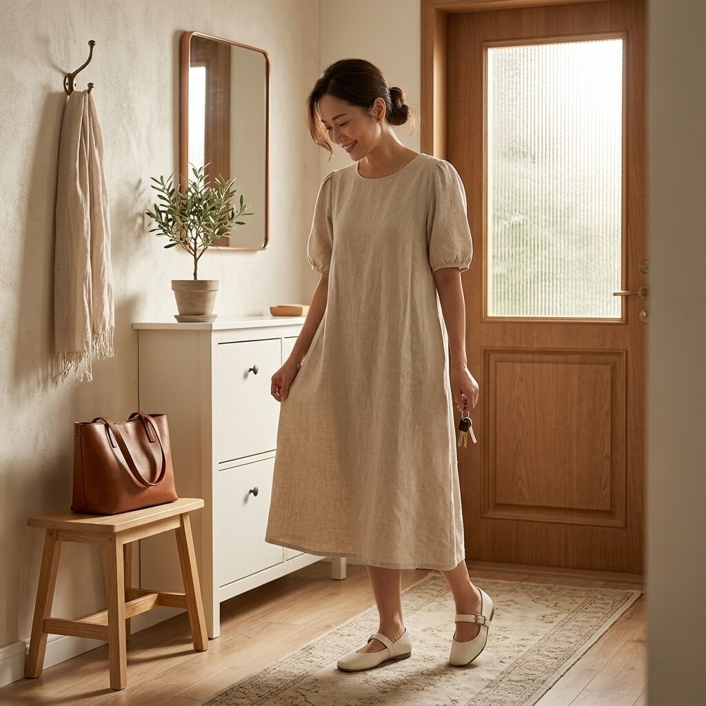 育兒時髦穿搭，愛麗絲真皮瑪莉珍平底鞋百搭好穿脫，搭配洋裝或休閒服皆顯法式優雅，讓媽媽在忙碌育兒中依然保持美麗自信。