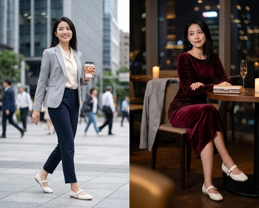 OL 通勤穿搭指南，Sanly Joy 愛麗絲真皮瑪莉珍鞋完美駕馭日夜切換，早上辦公室開會專業俐落，下班餐酒館約會優雅時髦。