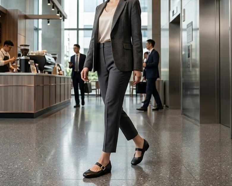 辦公室通勤女鞋推薦，愛麗絲真皮瑪莉珍鞋搭配西裝褲，微方圓頭與霧面真皮質感，展現不費力的職場專業氣場。