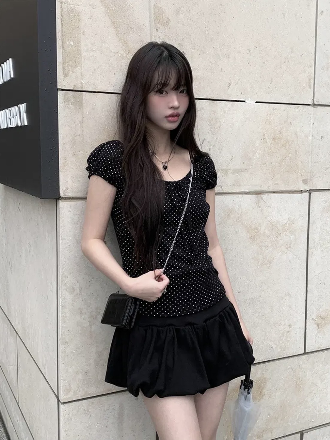 【網站限定優惠】微甜～泡泡袖波點綁帶上衣