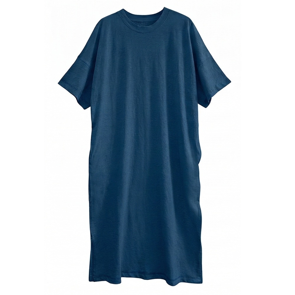 女BD有機埃及棉細緻竹節短袖長洋裝-靛藍 | 藍天畫布有機棉