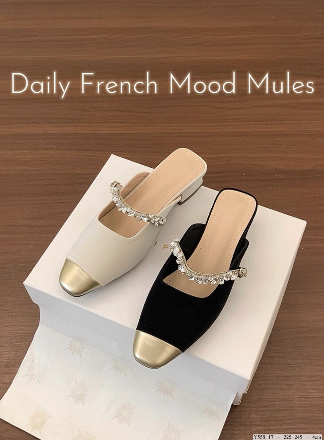 Y558-17韓國法式金頭水鑽低跟穆勒拖