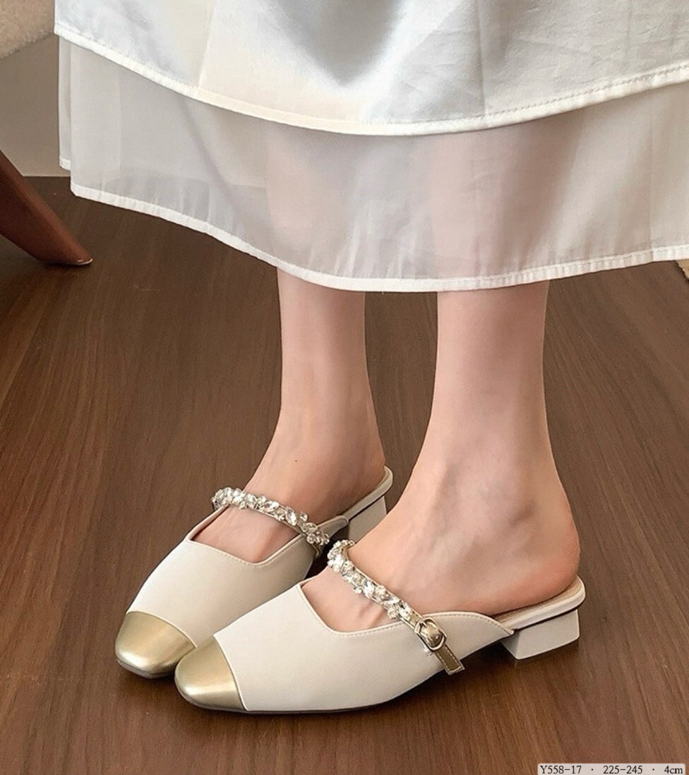 Y558-17韓國法式金頭水鑽低跟穆勒拖
