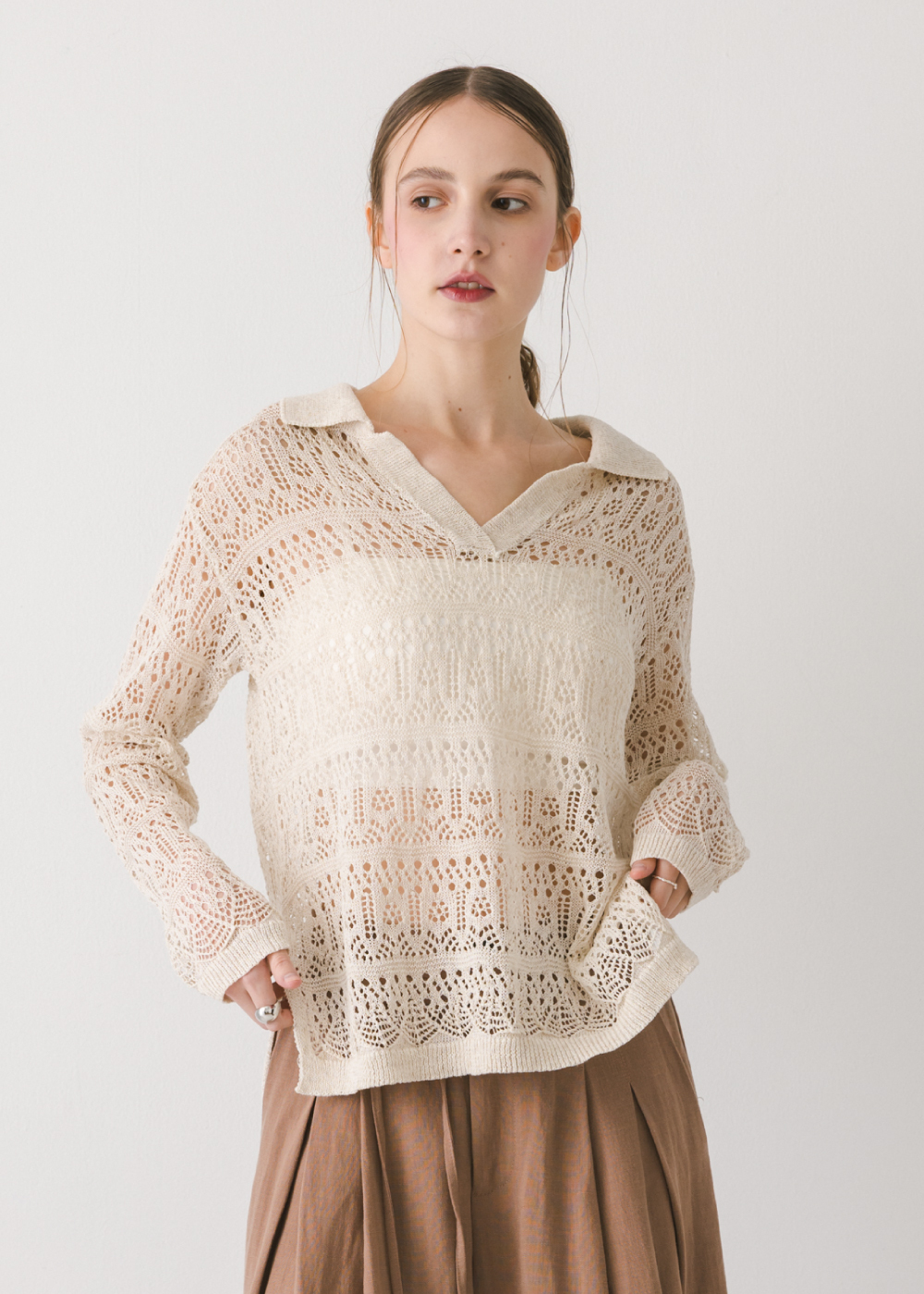 萊賽爾亞麻鏤空長袖上衣