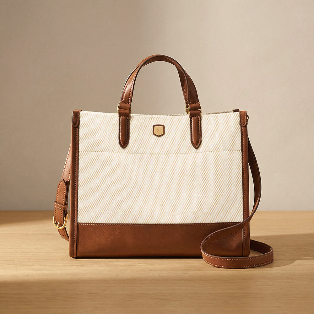 Gemma 真皮帆布拼接托特包-白色 ZB11189101