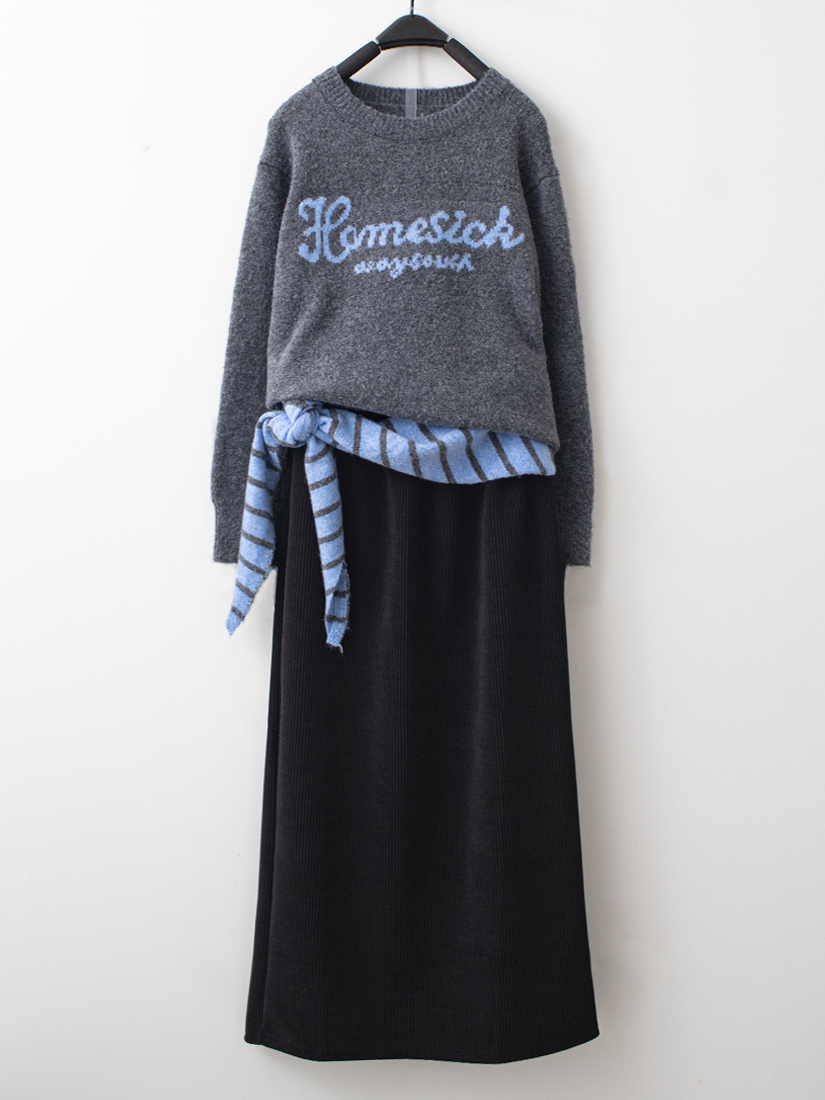 條紋披肩針織上衣高腰後開衩條絨直筒長裙