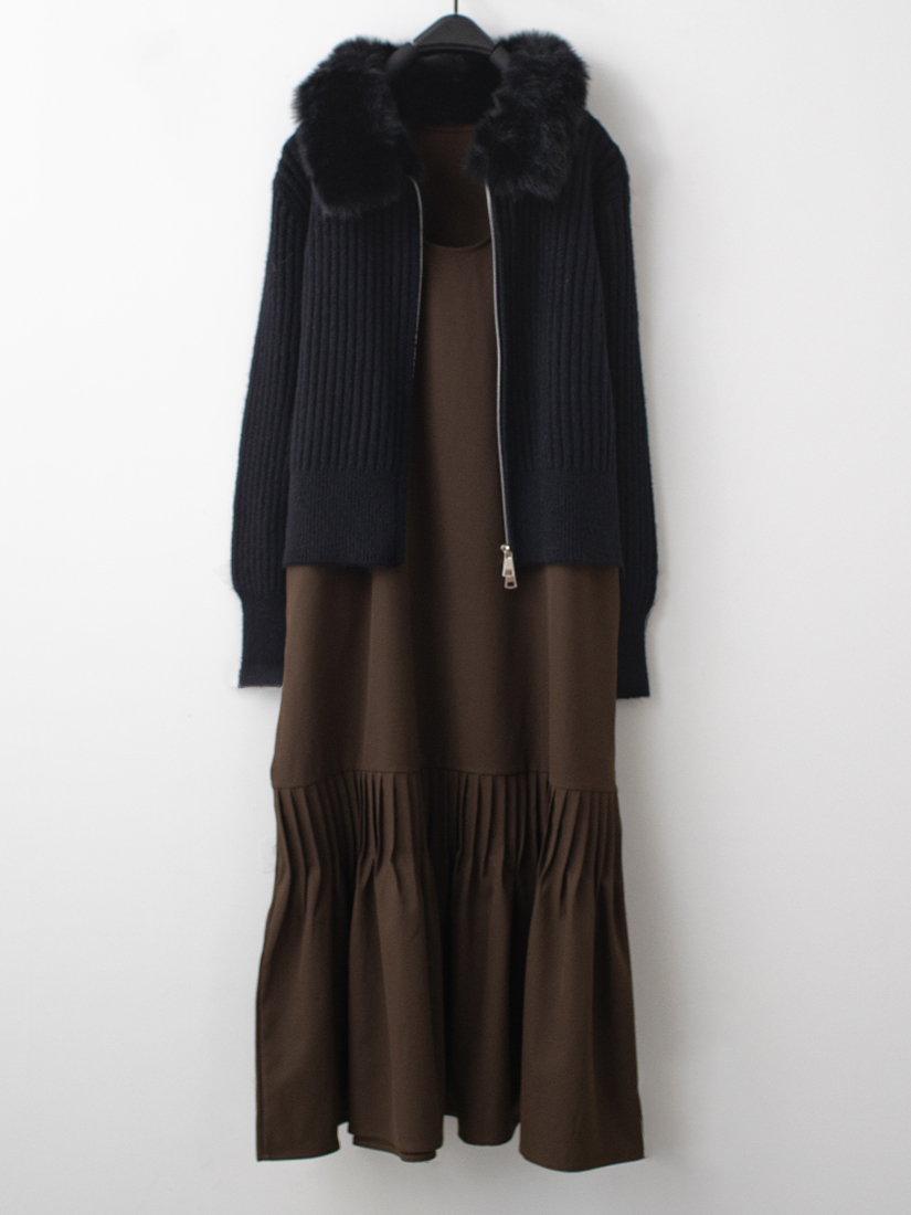 羅紋毛毛領針織外套下擺壓褶魚尾連身洋裝