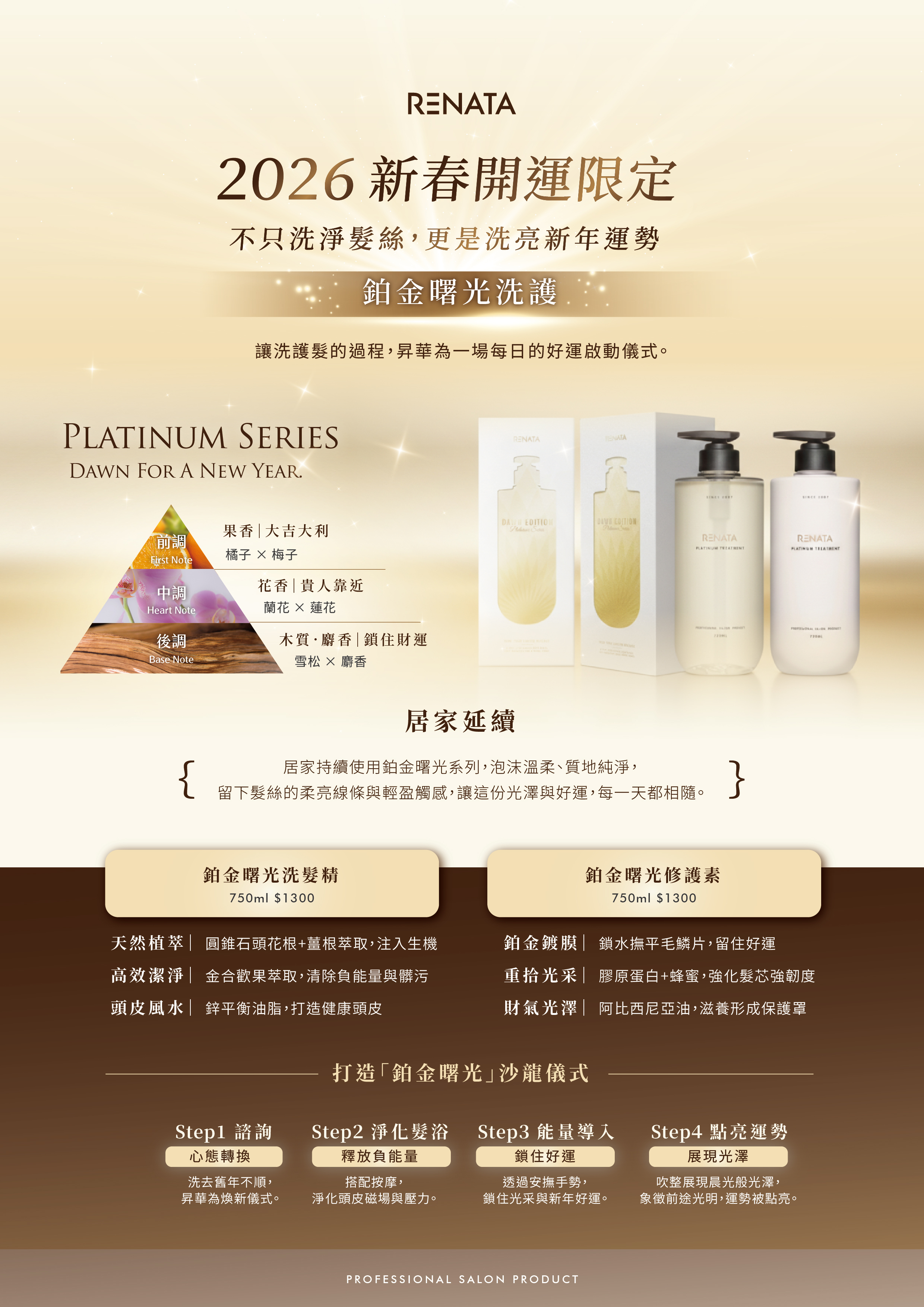 RENATA,2026,新品,洗髮精,鉑金,曙光,鉑金曙光,燙染必備,護色,護髮,修護,居家保養,輕盈,柔順