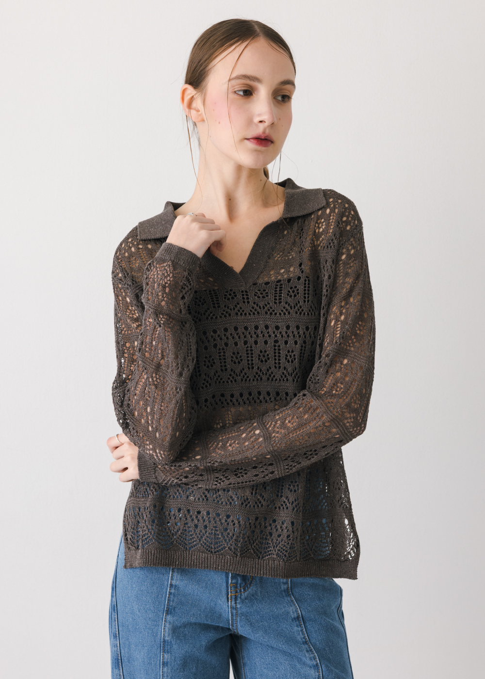 萊賽爾亞麻鏤空長袖上衣