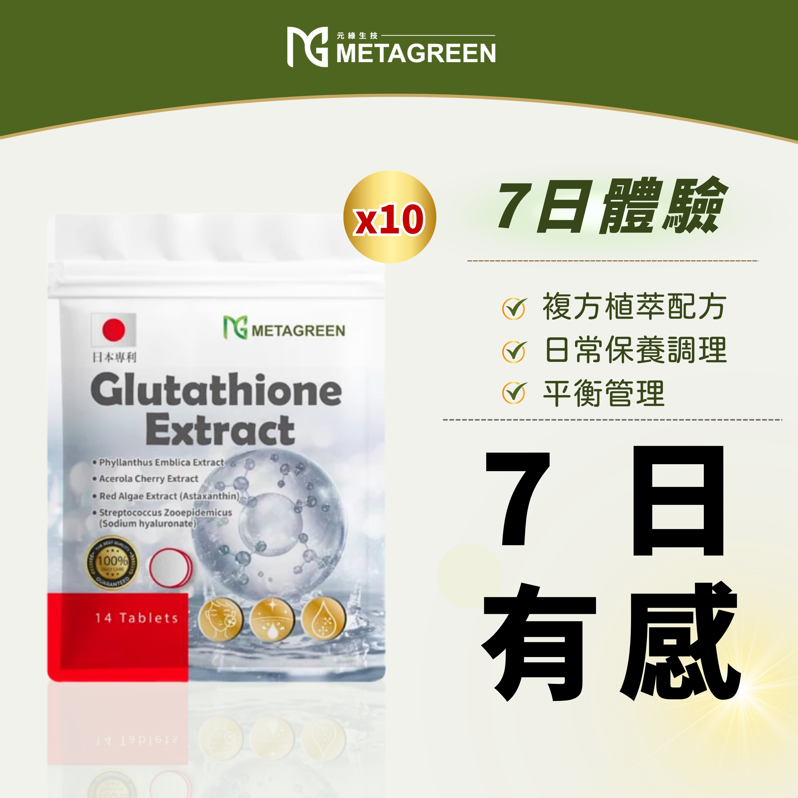 【即期良品】✲10入超值組✲ 元綠生技METAGREEN|【透靚新姬】穀胱甘肽 14錠/入 效期：2026/05/24