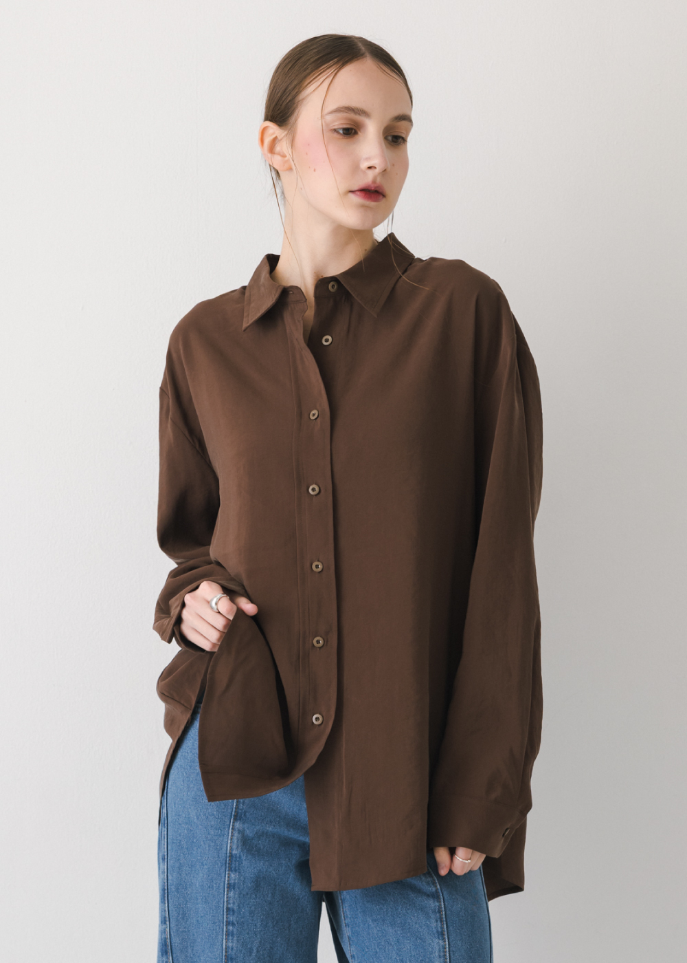 莫代爾拼接設計長袖襯衫