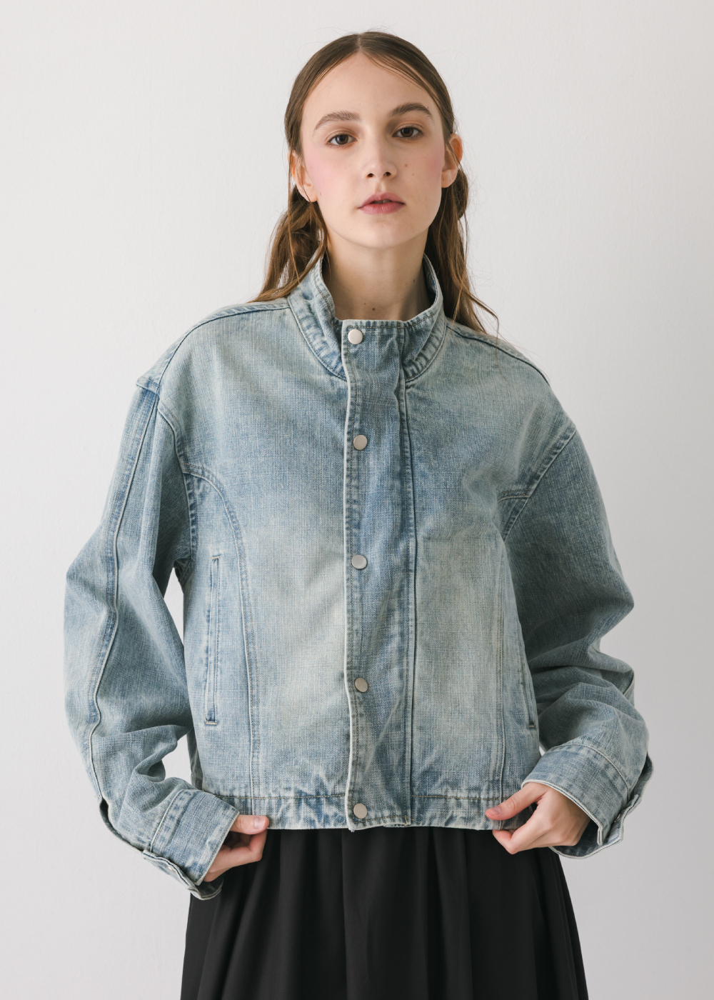 立領落肩寬鬆牛仔外套