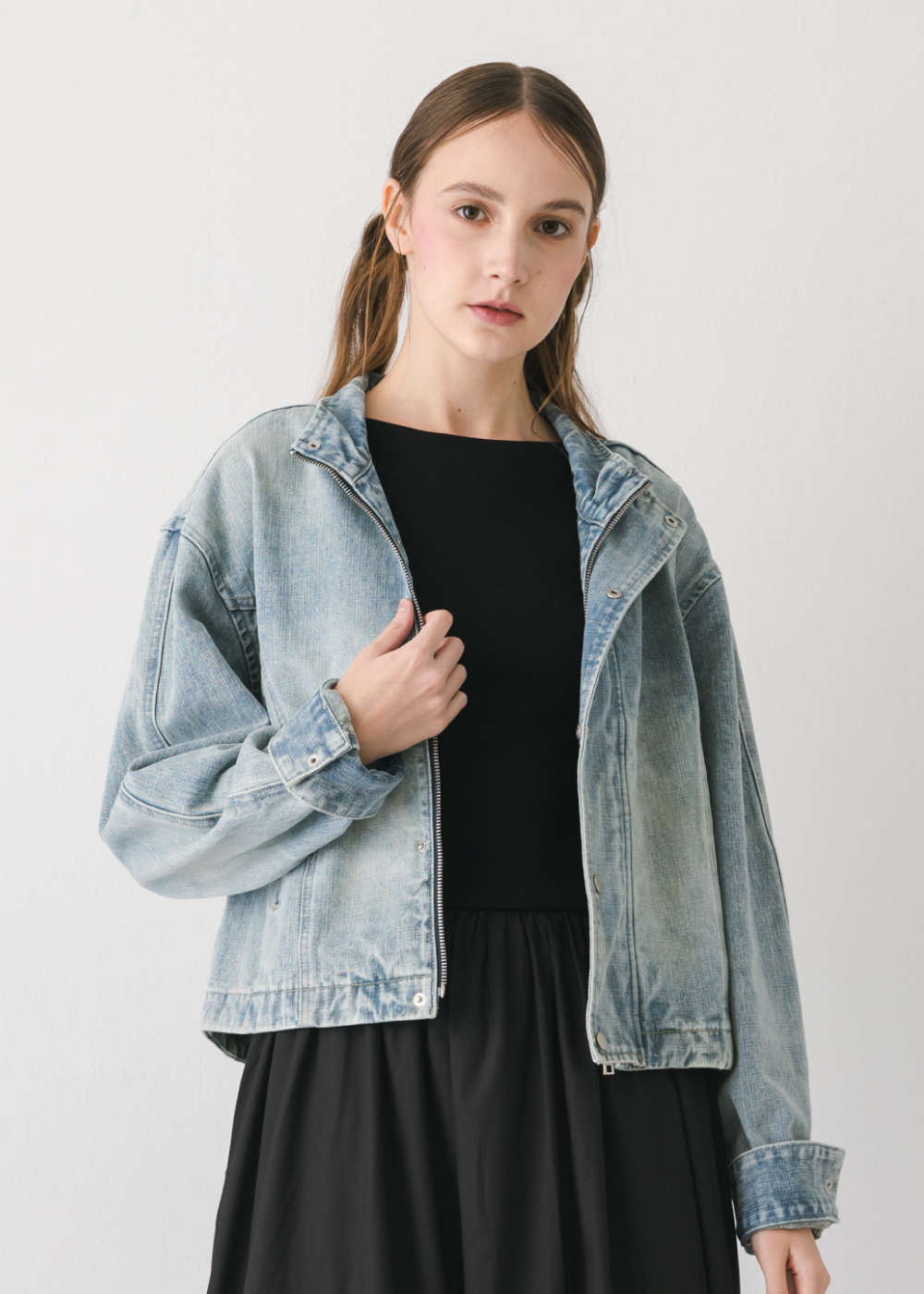 立領落肩寬鬆牛仔外套