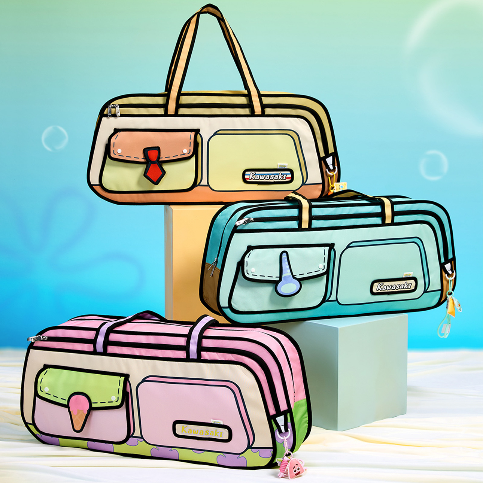 Kawasaki x 海綿寶寶 聯名 羽毛球手提包 漫畫風 二次元 大容量 健身 運動袋 比奇堡 派大星 章魚哥