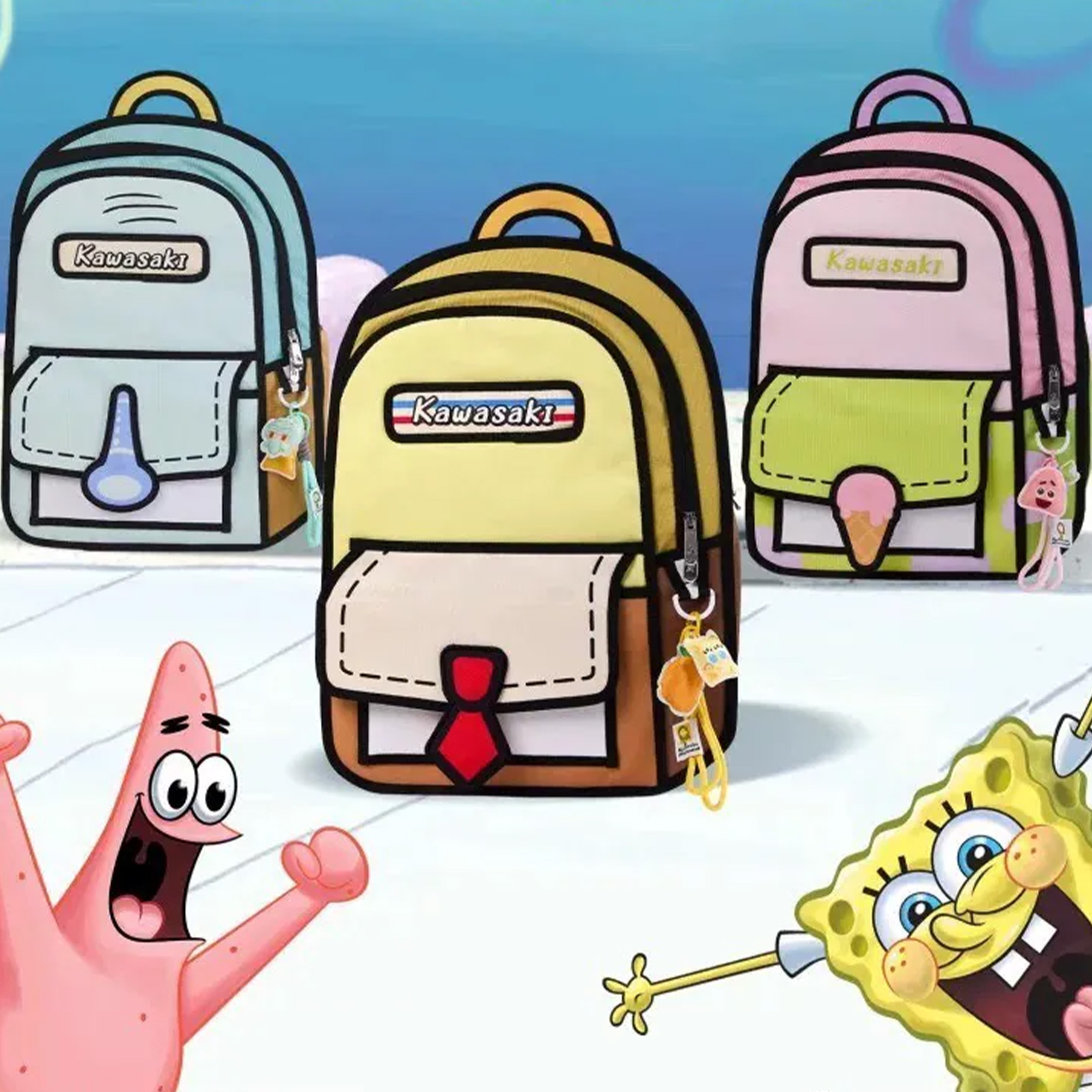 Kawasaki x 海綿寶寶 聯名 後背包 雙肩包 書包 漫畫風 二次元 大容量 羽毛球 比奇堡 派大星 章魚哥