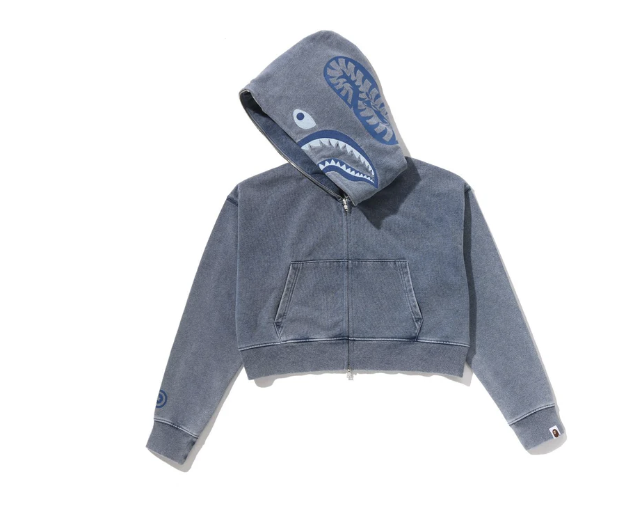 【BAPE女生】0307 發售HEAVY WASHED INDIGO SHARK CROPPED FULL ZIP HOODIE