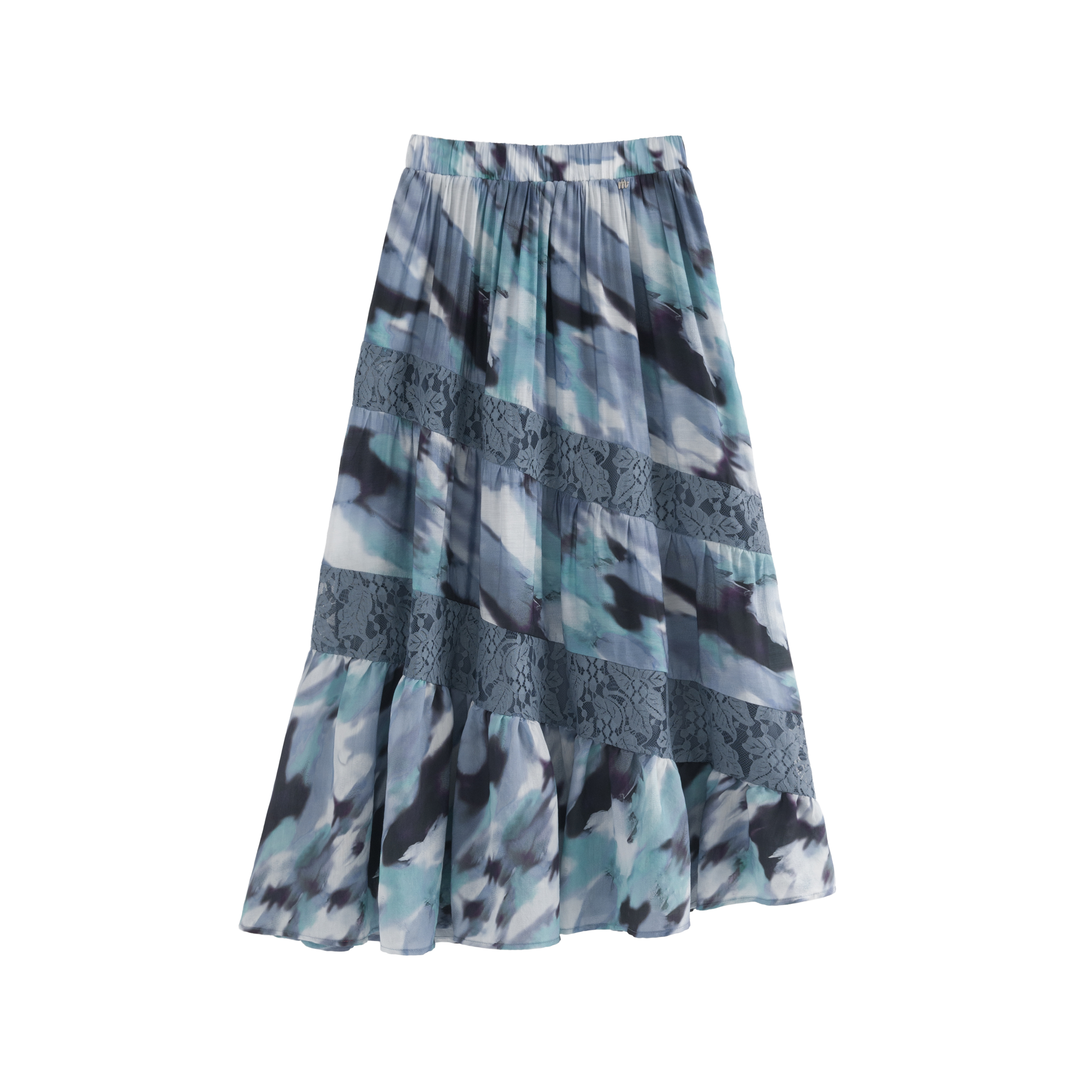 mi-tu printed lace patchwork midi skirt