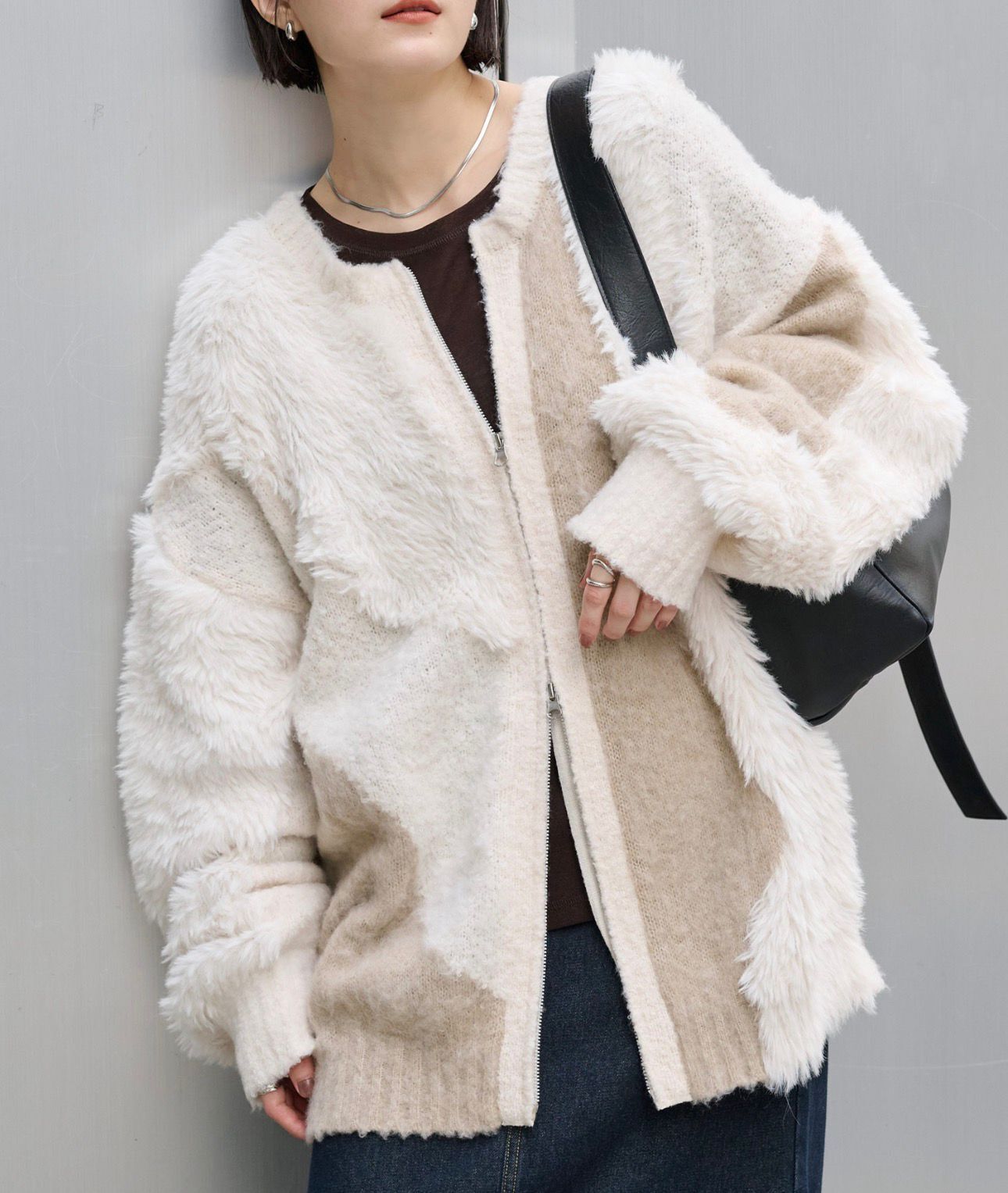 【預購】JN030604 MONO-MART 2WAY 溫柔大地色蓬鬆長毛針織雙拉鍊外套