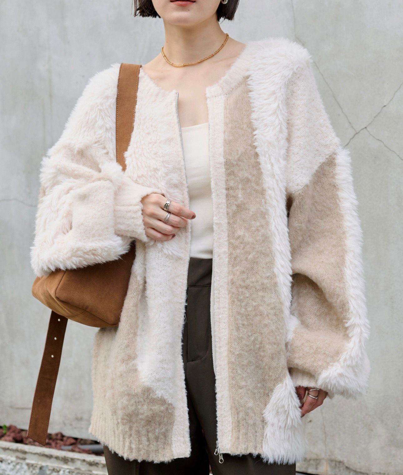 【預購】JN030604 MONO-MART 2WAY 溫柔大地色蓬鬆長毛針織雙拉鍊外套